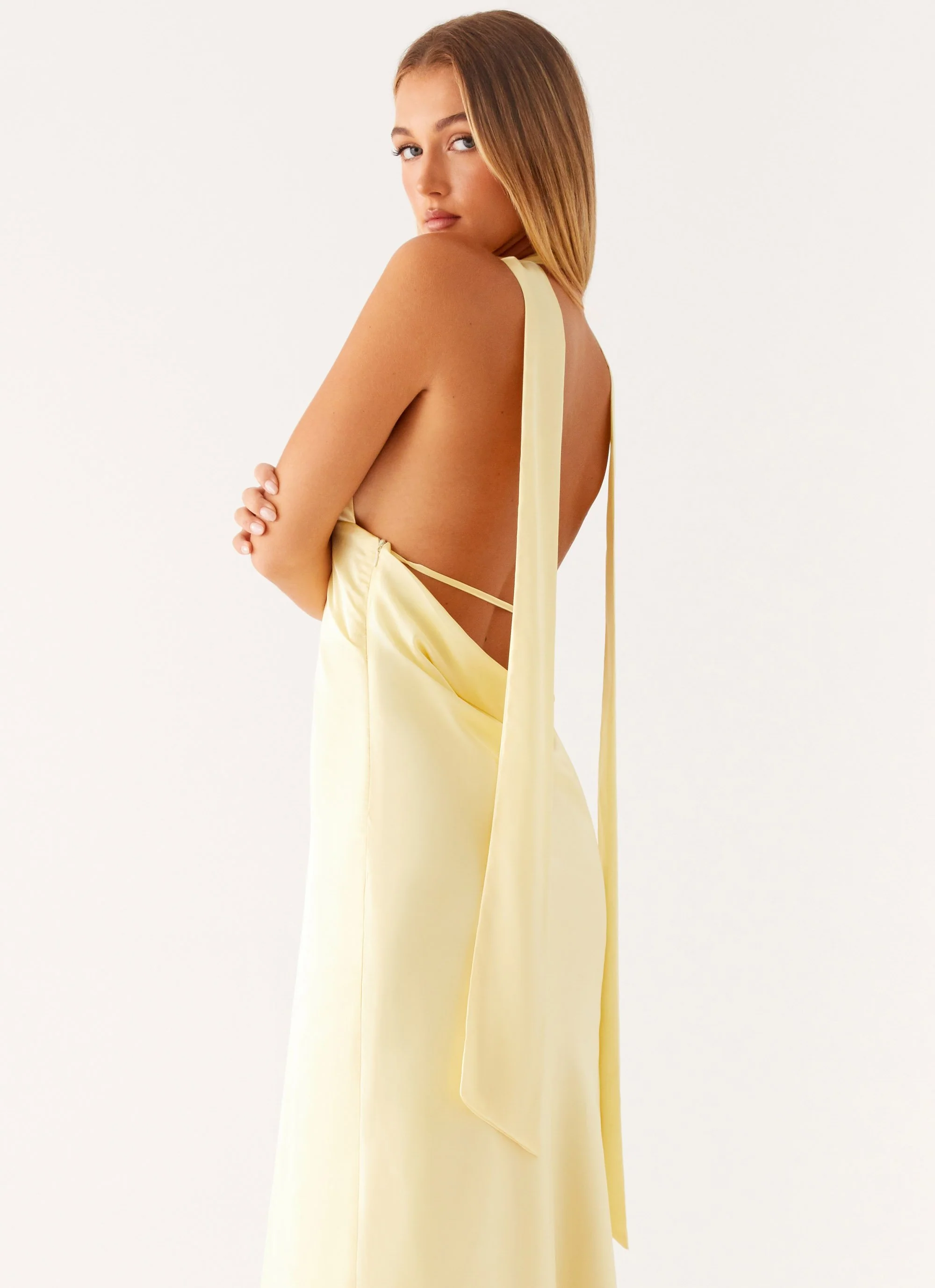 Alicia Satin Halter Maxi Dress - Yellow - Image 5