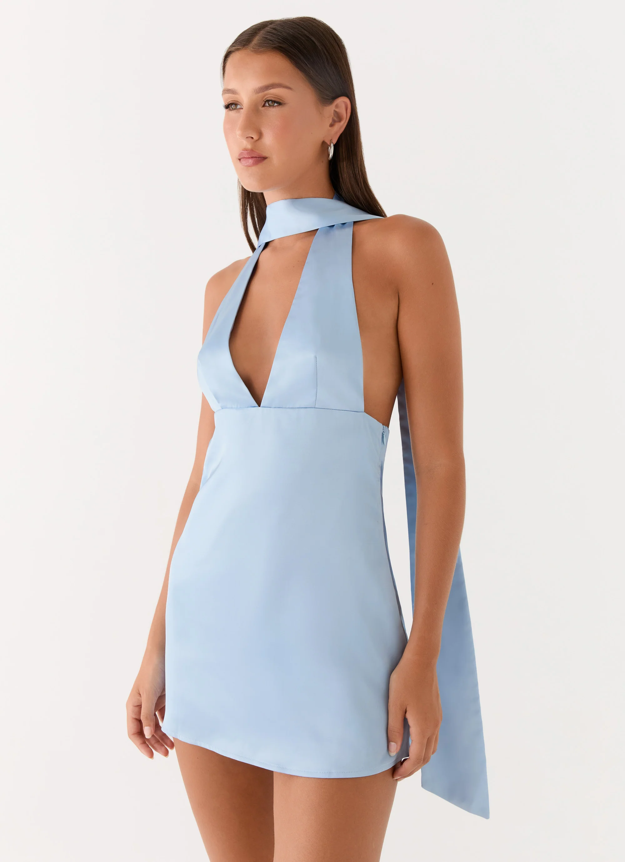 Alicia Satin Halter Mini Dress - Pale Blue - Image 5