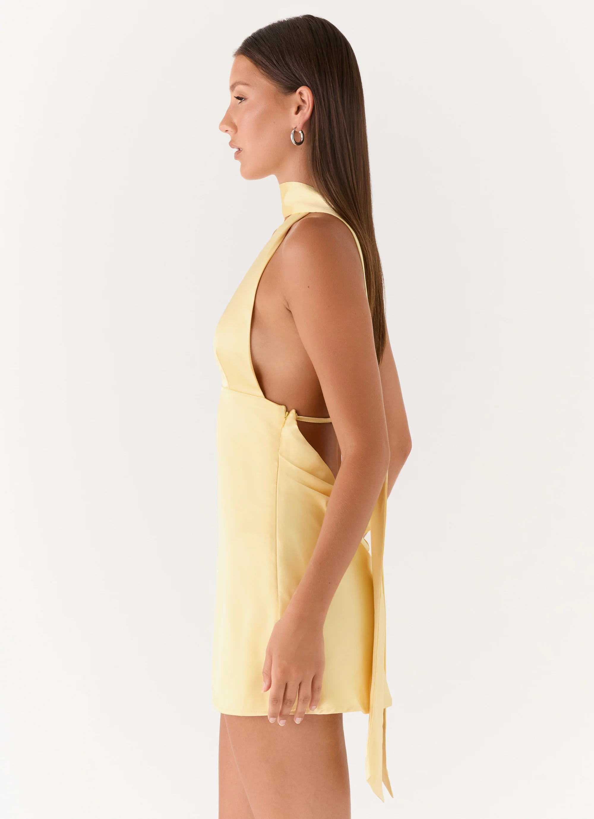 Alicia Satin Halter Mini Dress - Pastel Yellow - Image 2