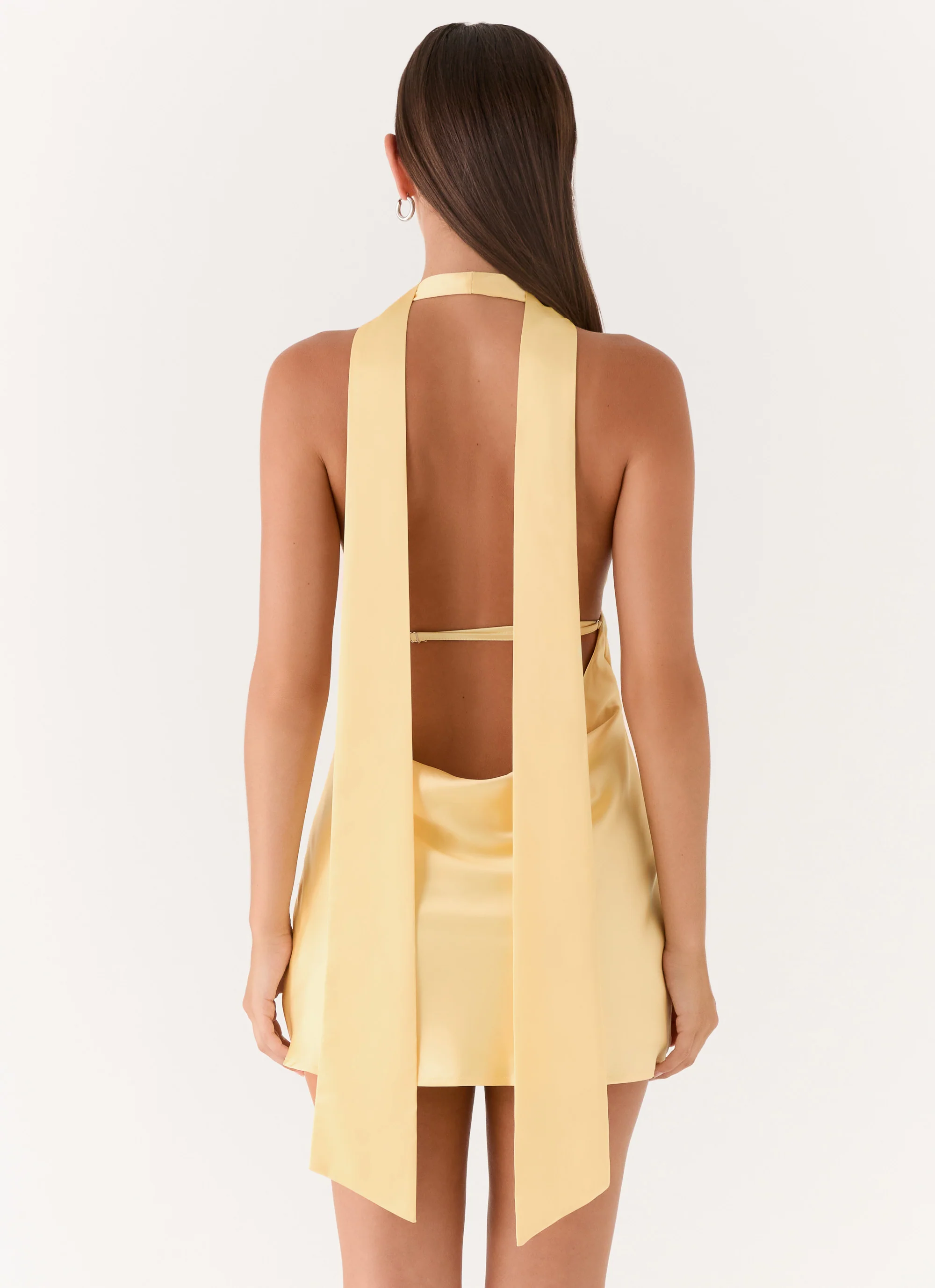 Alicia Satin Halter Mini Dress - Pastel Yellow - Image 3