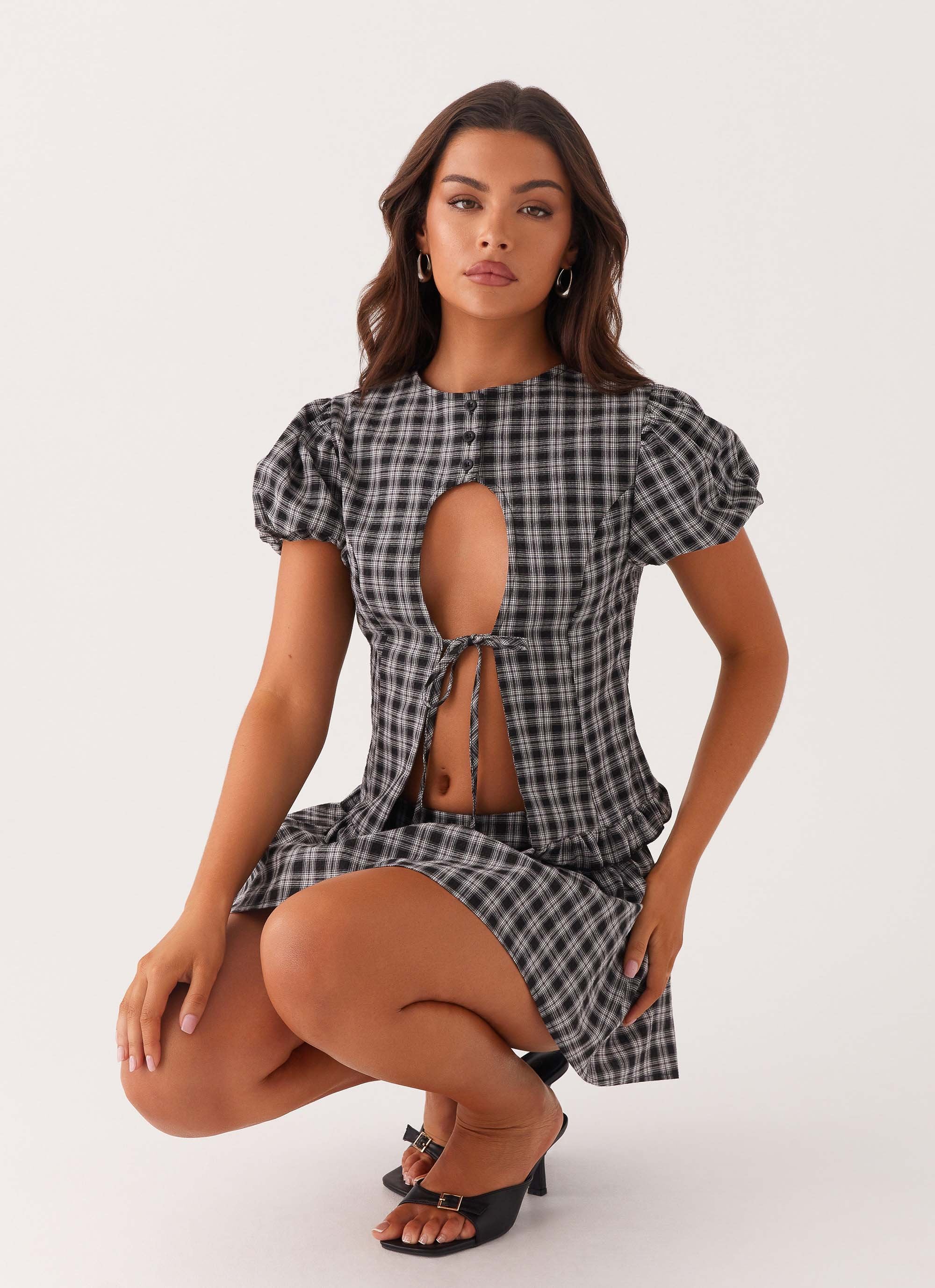 Annie Puff Sleeve Top - White Black Check - Image 6