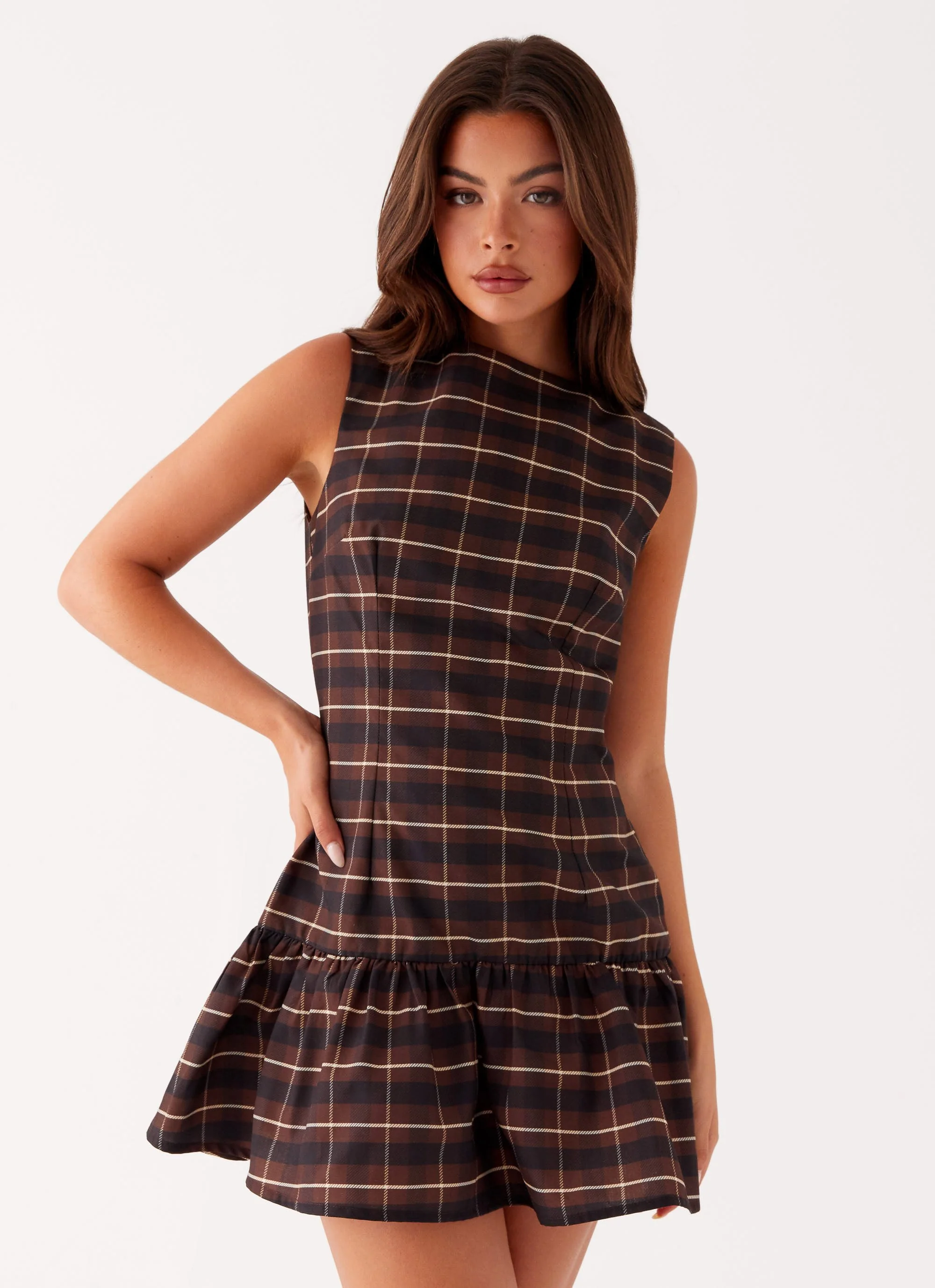 Arizona Mini Dress - Brown Black Check - Image 5