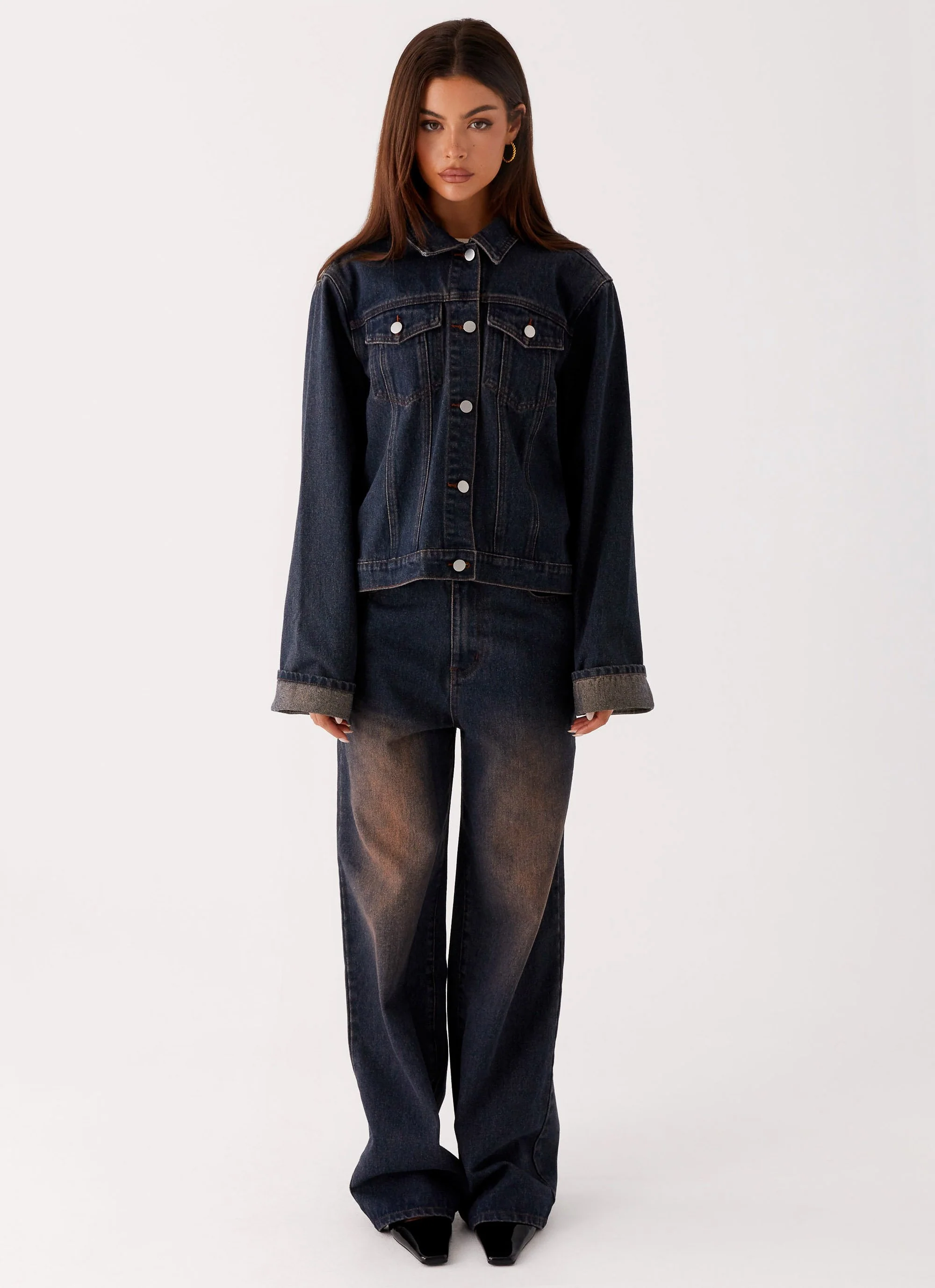 Back Again Oversized Denim Jacket - Brown Blue Acid Wash - Image 2