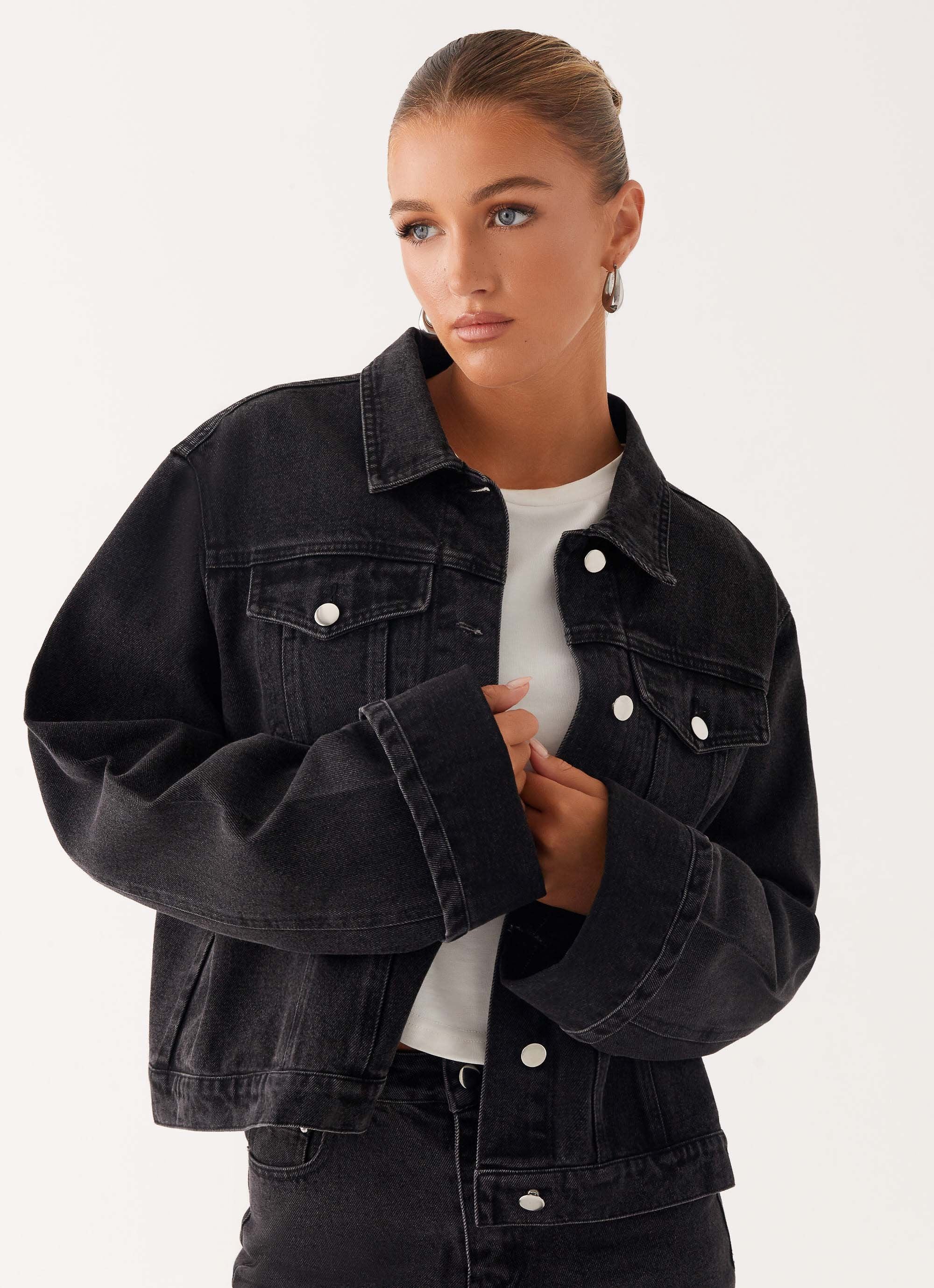 Back Again Oversized Denim Jacket - Charcoal Wash - Image 5