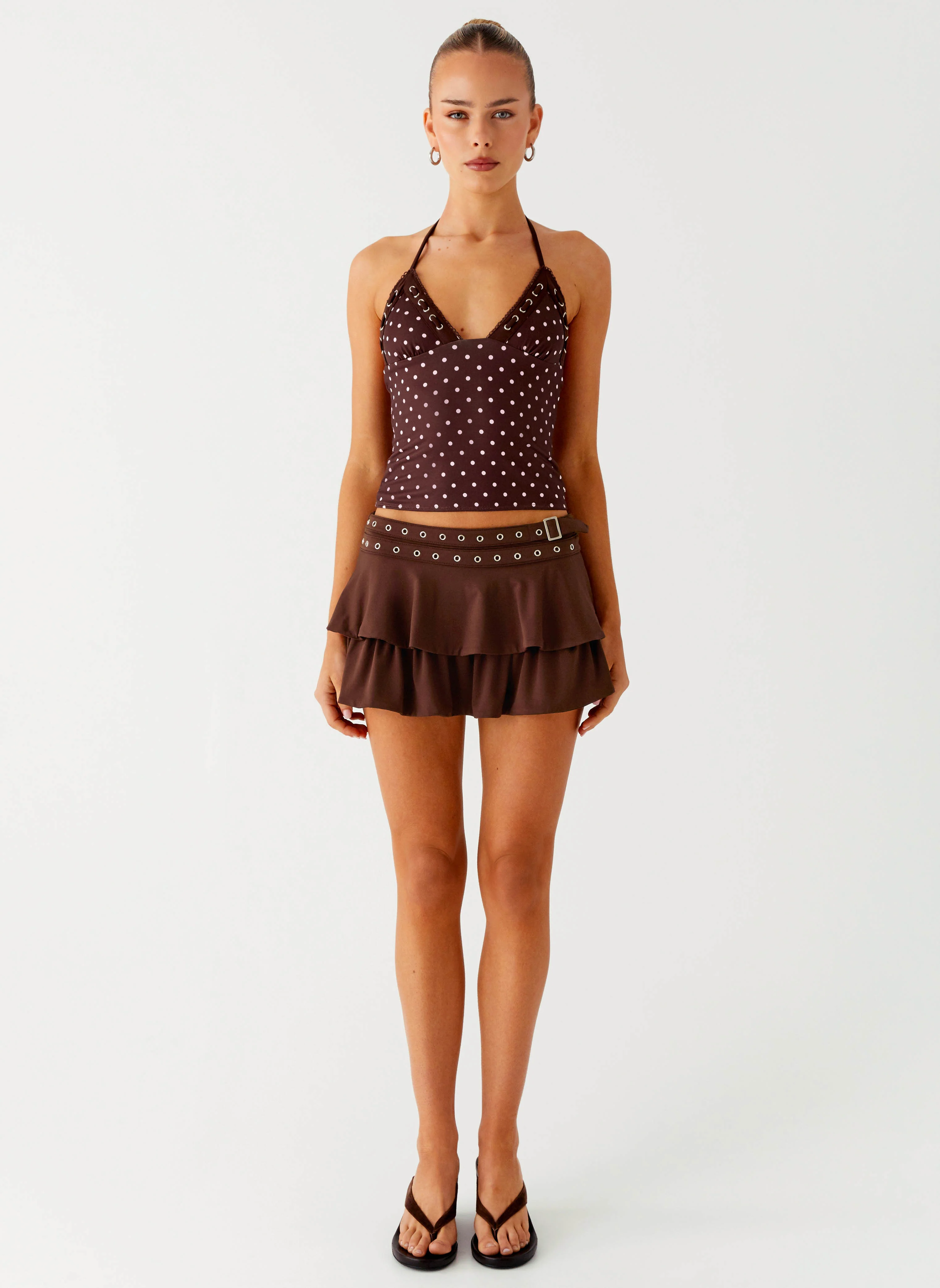 Bahama Eyelet Lace Up Top - Chocolate Strawberry Dot - Image 2