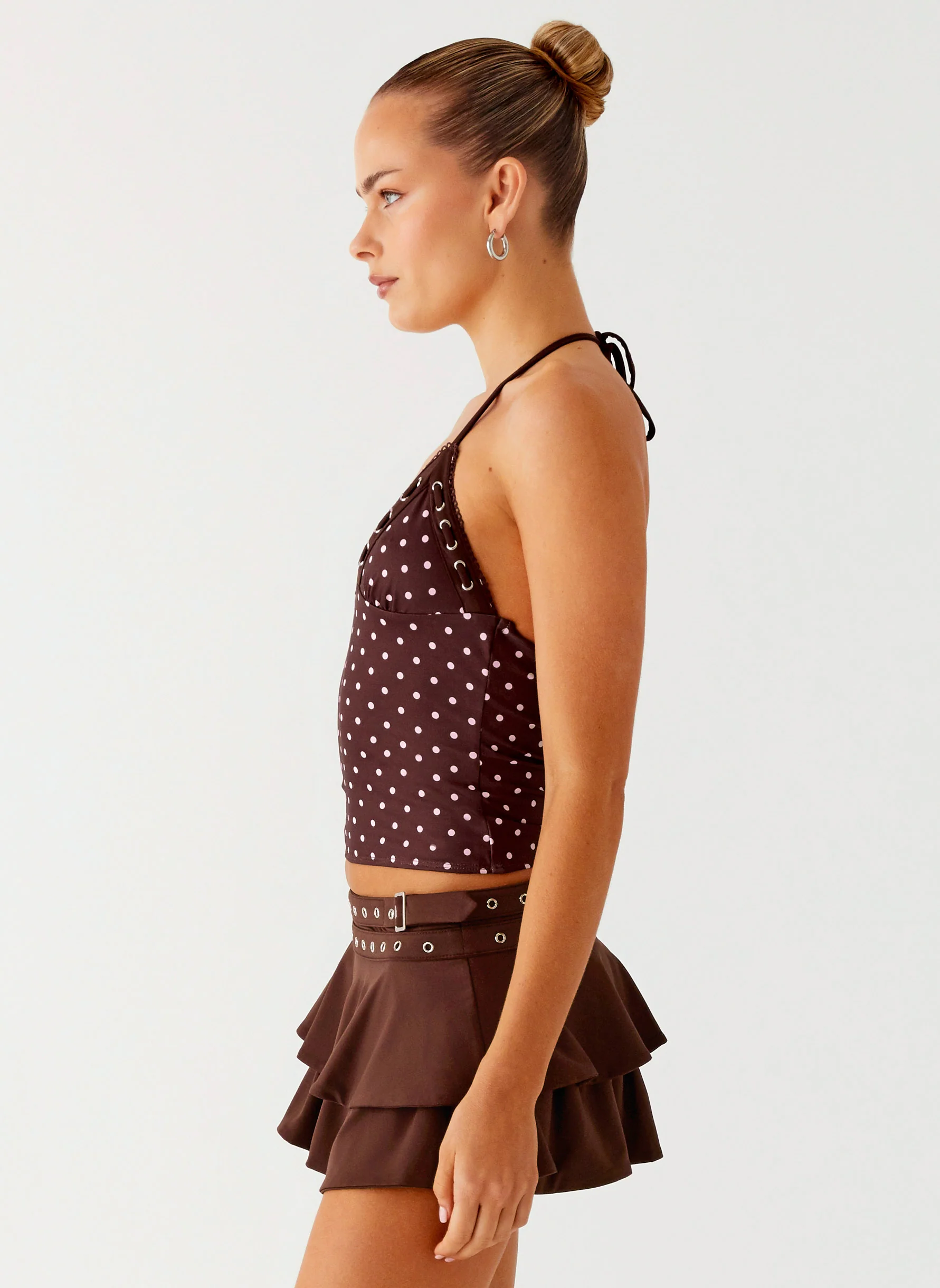 Bahama Eyelet Lace Up Top - Chocolate Strawberry Dot - Image 3
