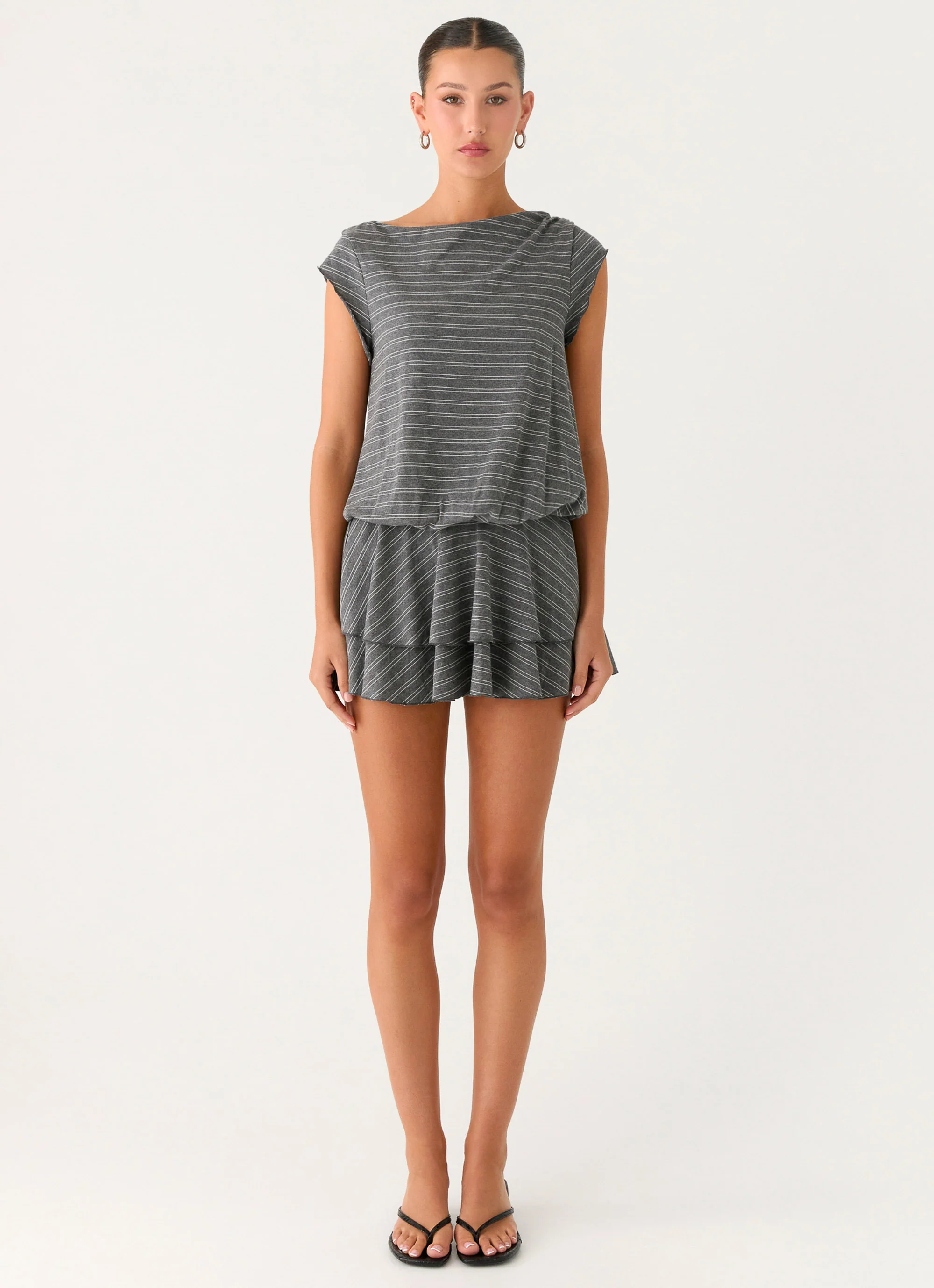 Bambola Wide Neck Mini Dress - Grey Marle Stripe - Image 2