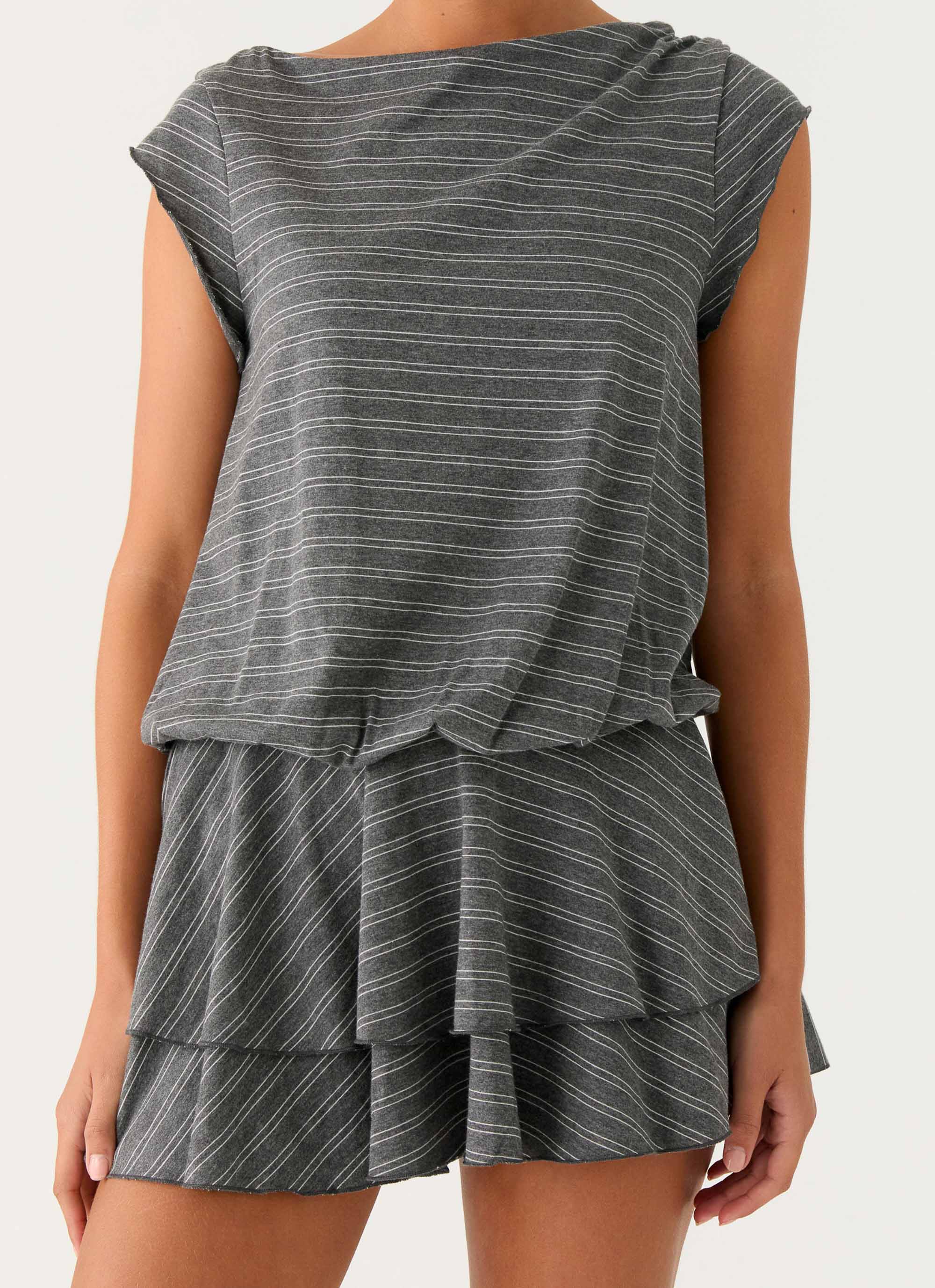 Bambola Wide Neck Mini Dress - Grey Marle Stripe - Image 6