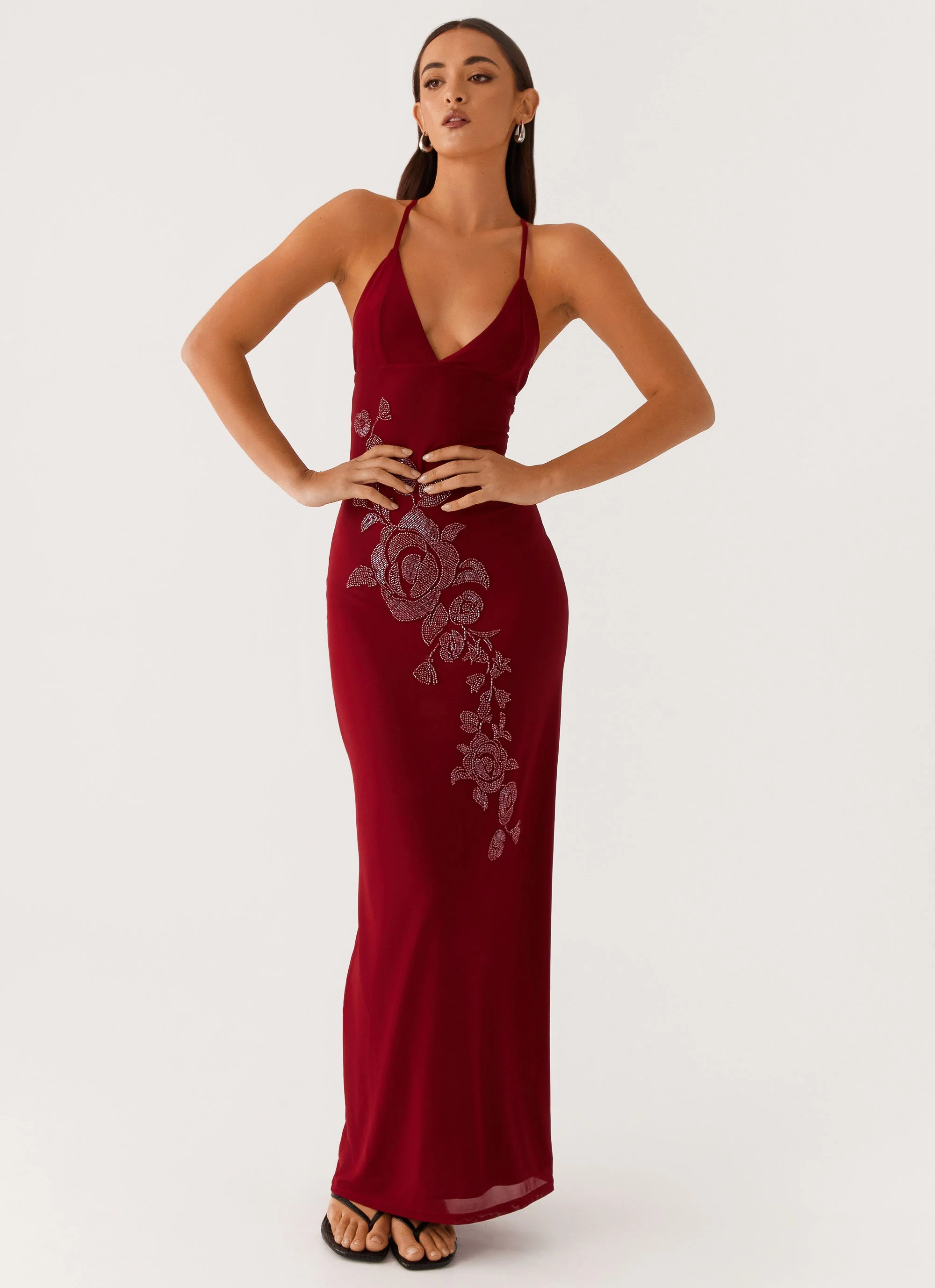 Beki Beaded Mesh Maxi Dress - Deep Red - Image 5