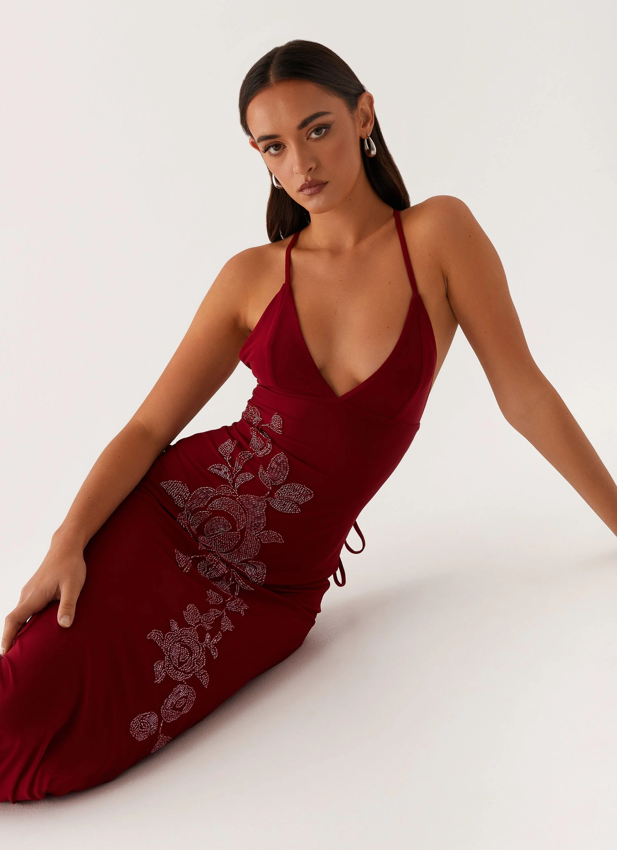 Beki Beaded Mesh Maxi Dress - Deep Red - Image 6