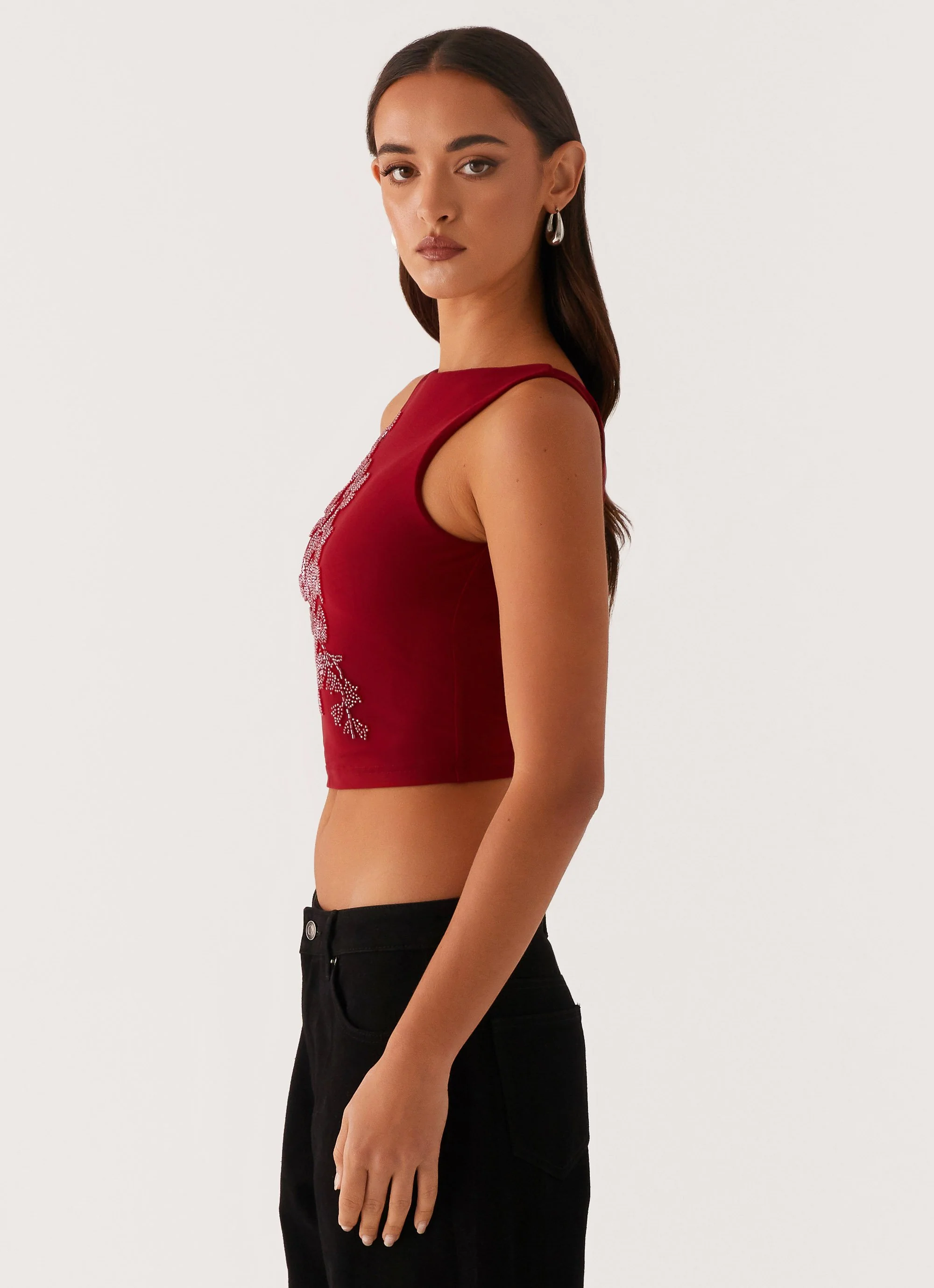 Brae Beaded Mesh Top - Deep Red - Image 3