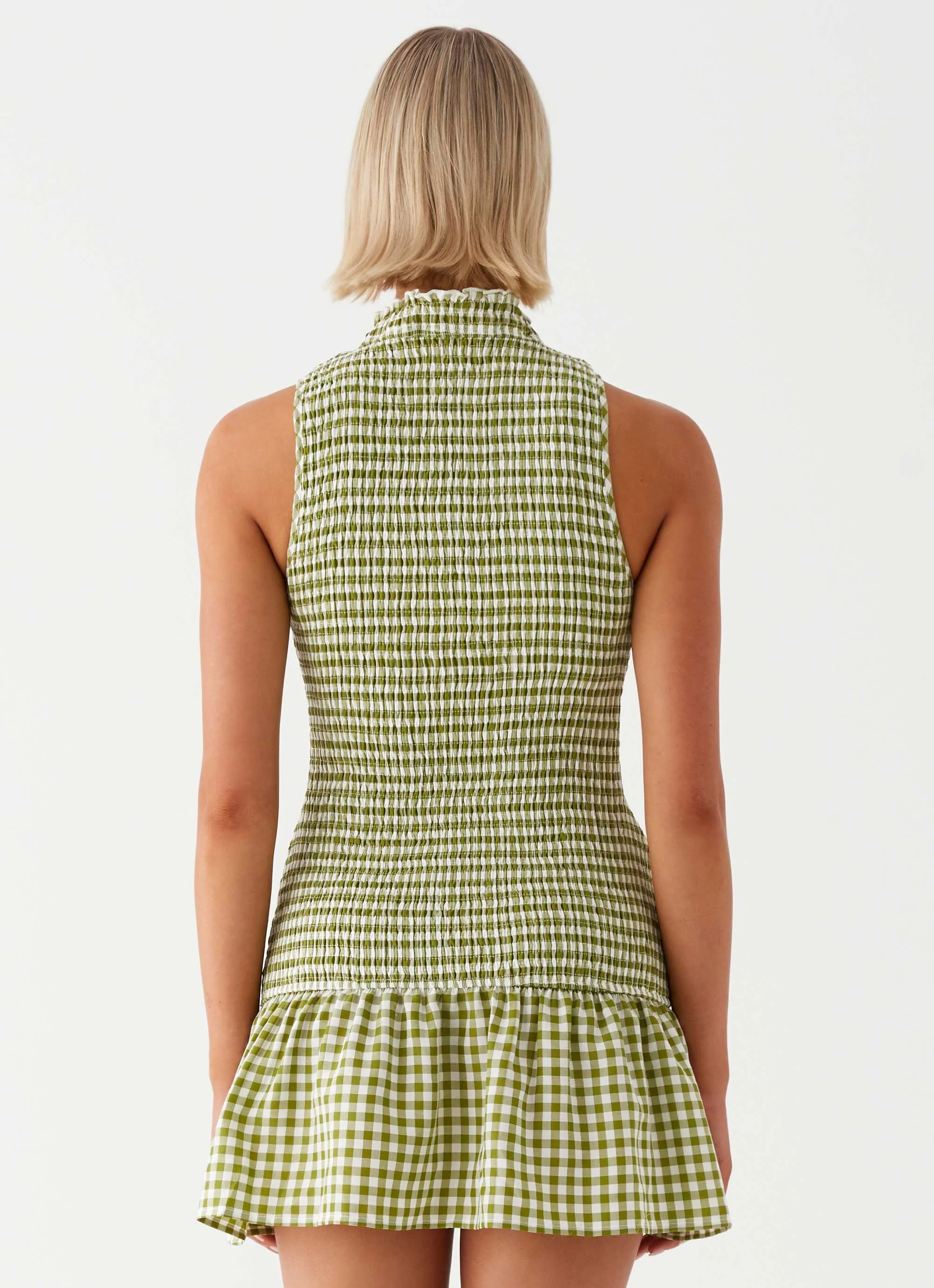 Cassie shirred Mini Dress - Khaki Gingham - Image 4