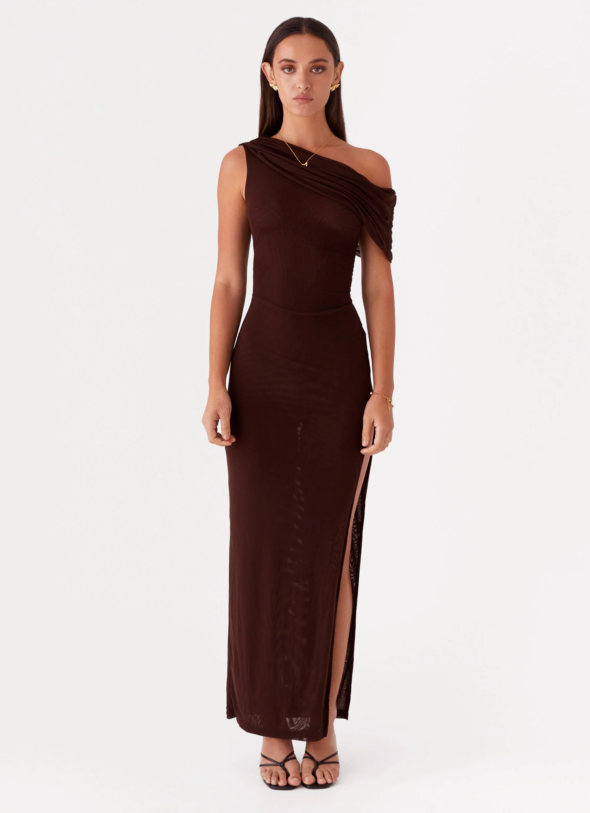 Ciara One Shoulder Draped Maxi Dress - Chocolate - Image 2