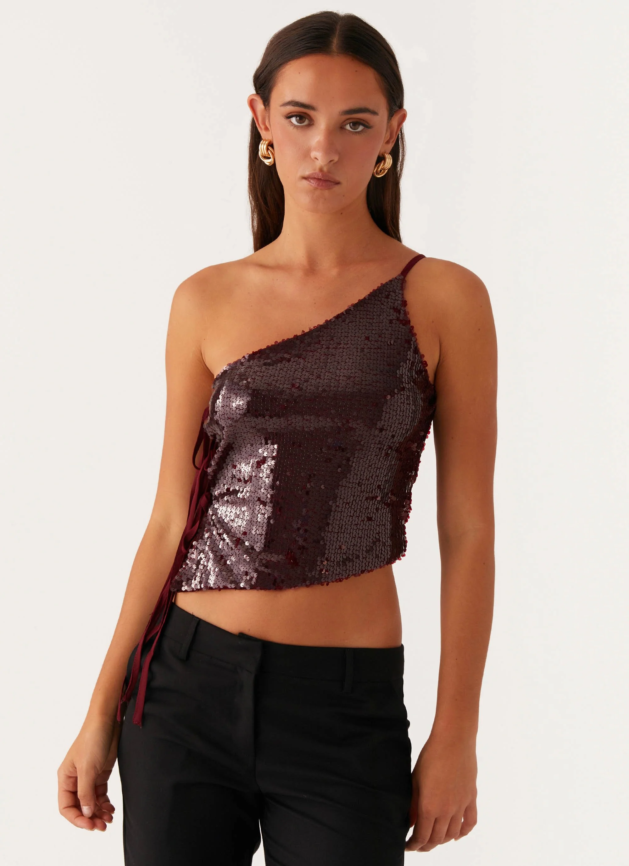 Cosmopolitan One Shoulder Top - Maroon - Image 5