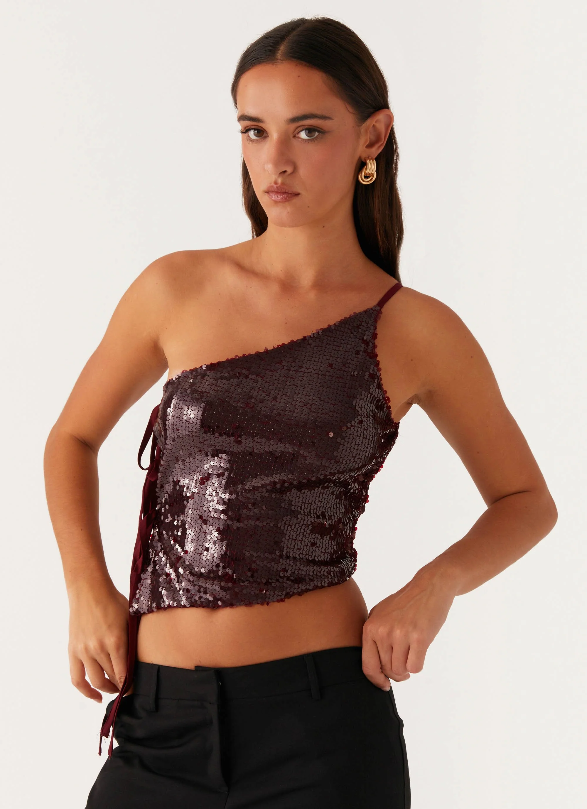 Cosmopolitan One Shoulder Top - Maroon - Image 6