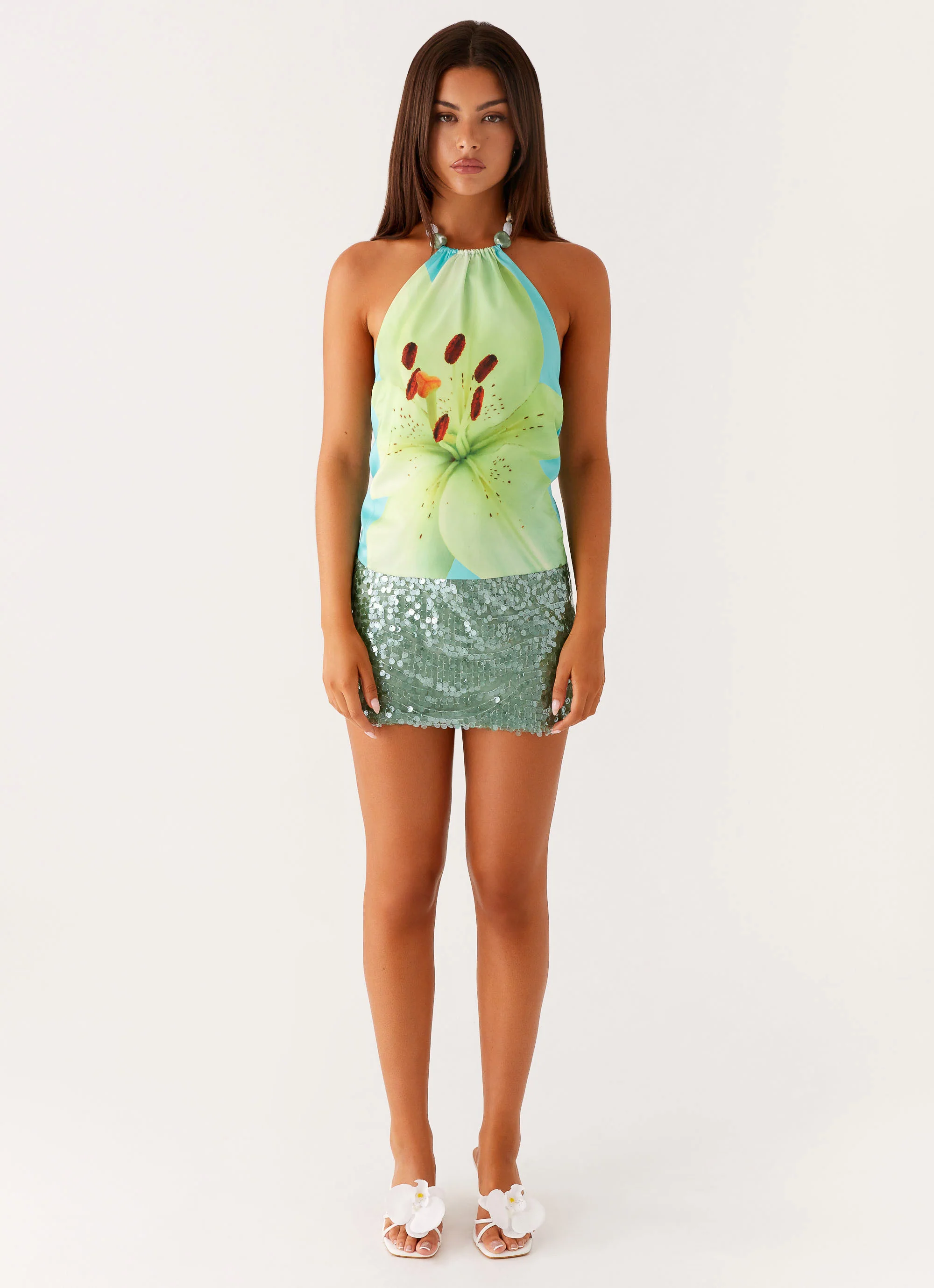 Dalila Beaded Tie Back Top - Turquoise Floral - Image 2