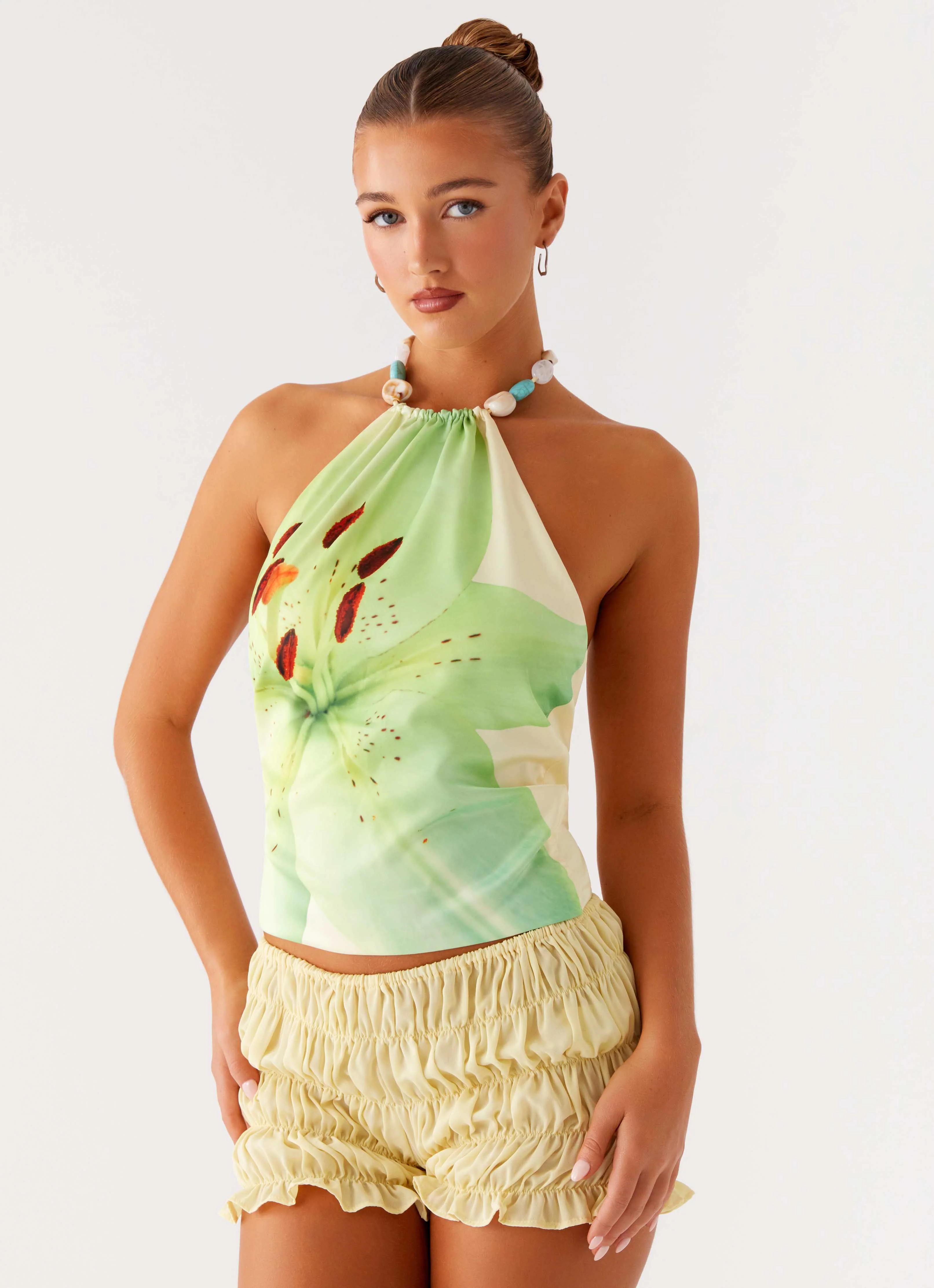 Dalila Beaded Tie Back Top - Yellow Floral - Image 5