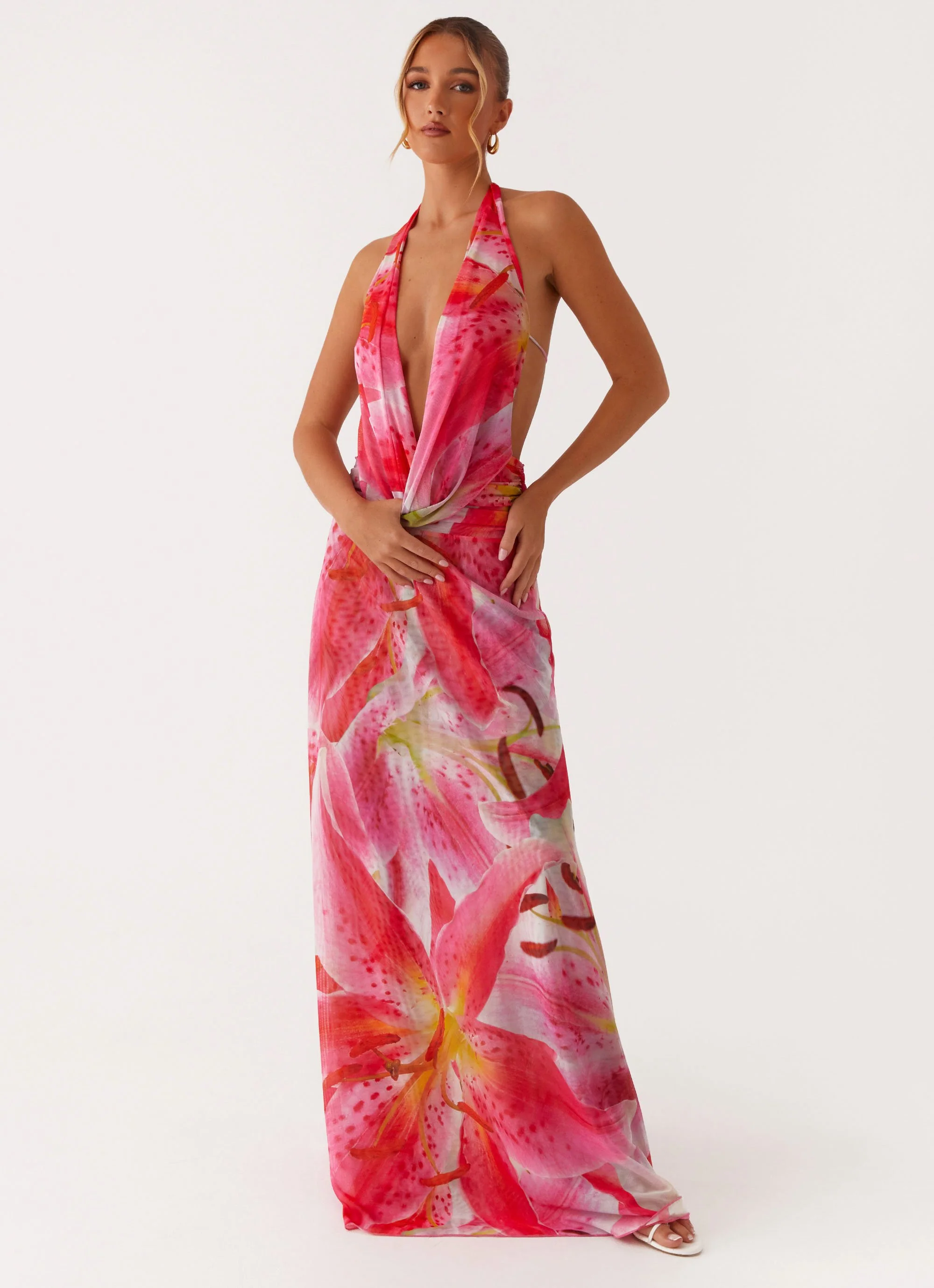 Elysia Mesh Maxi Dress - White Pink Lilly - Image 3
