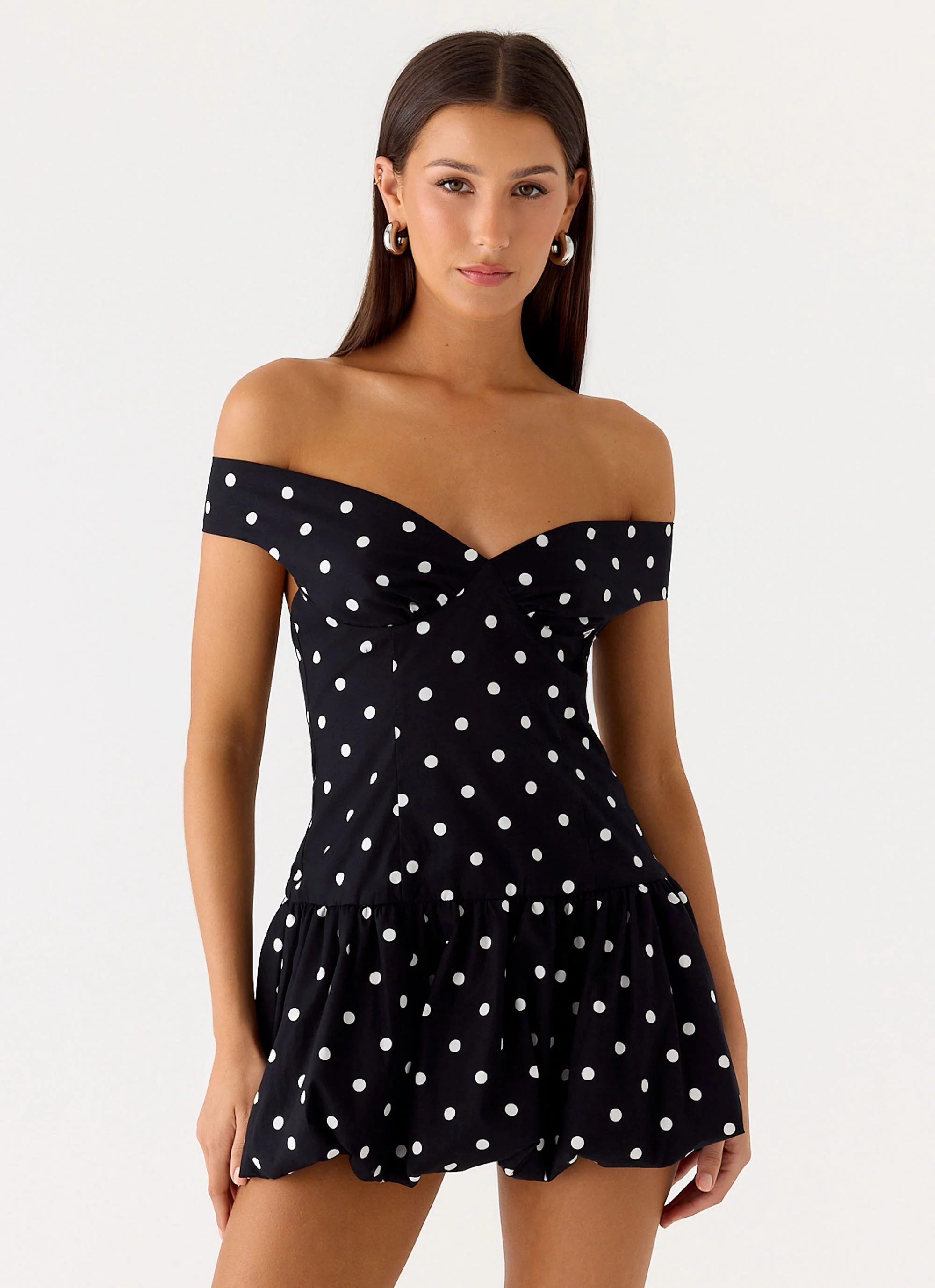 Endless Romance Off Shoulder Mini Dress - Black Polkadot - Image 4