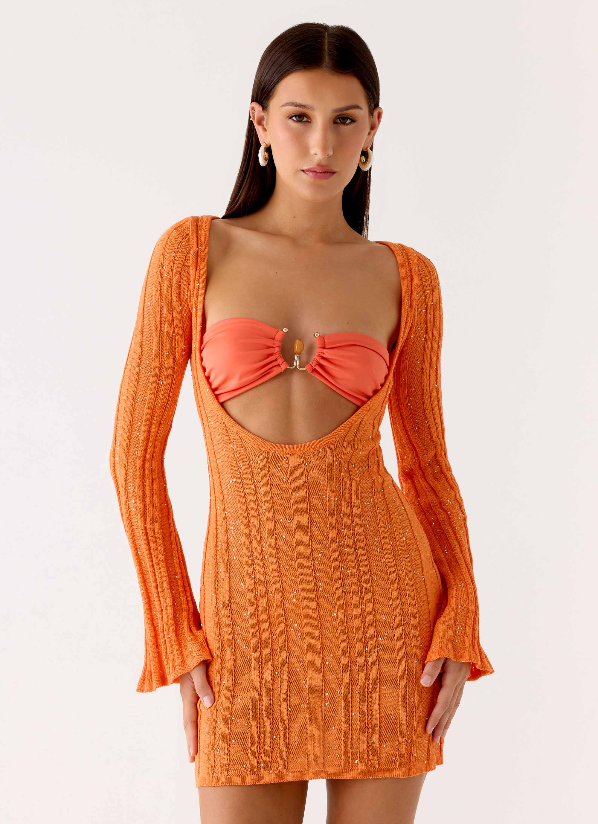 Estrella Long Sleeve Knit Mini Dress - Orange - Image 4