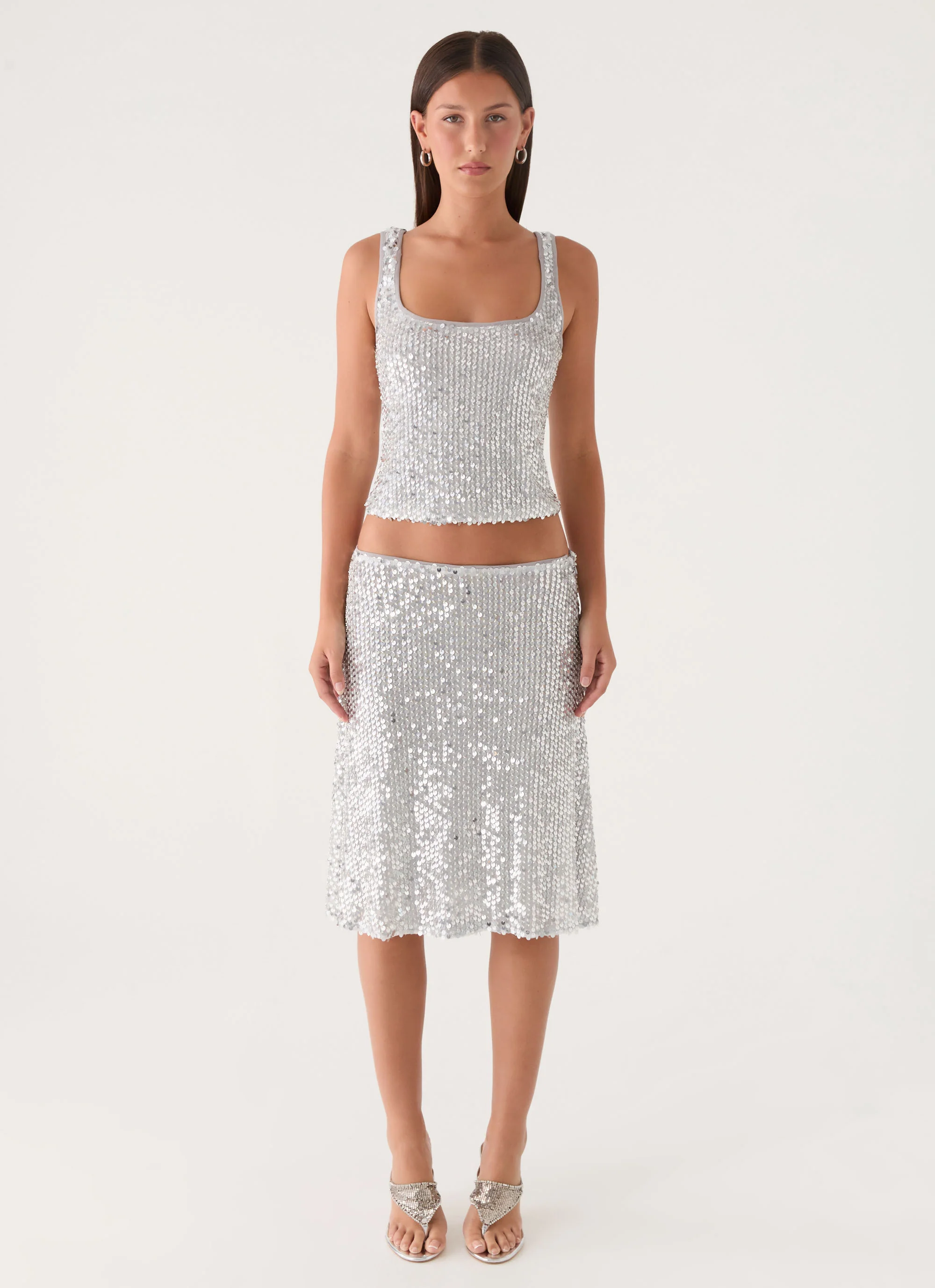 Evodia Sequin Midi Skirt - Silver
