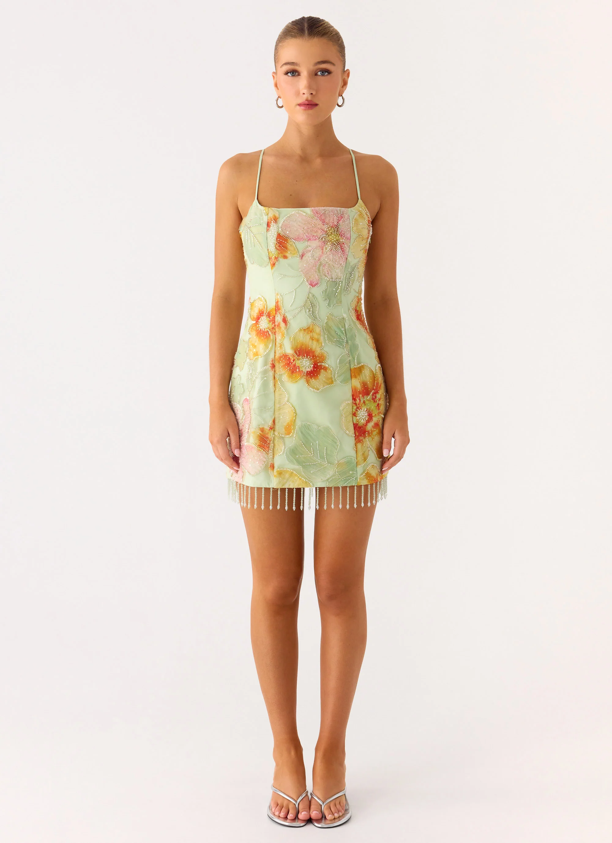 Gatiana Beaded Sequin Mini Dress - Green Floral Beaded - Image 7