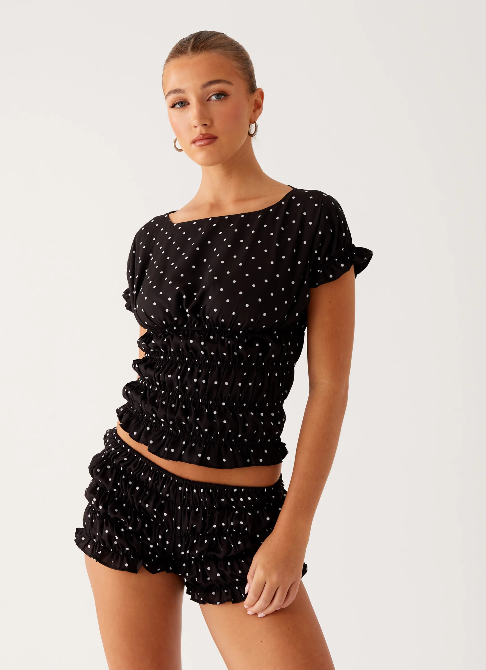 Girls Like Us Ruched Mini Shorts - Black Polka Dot - Image 2