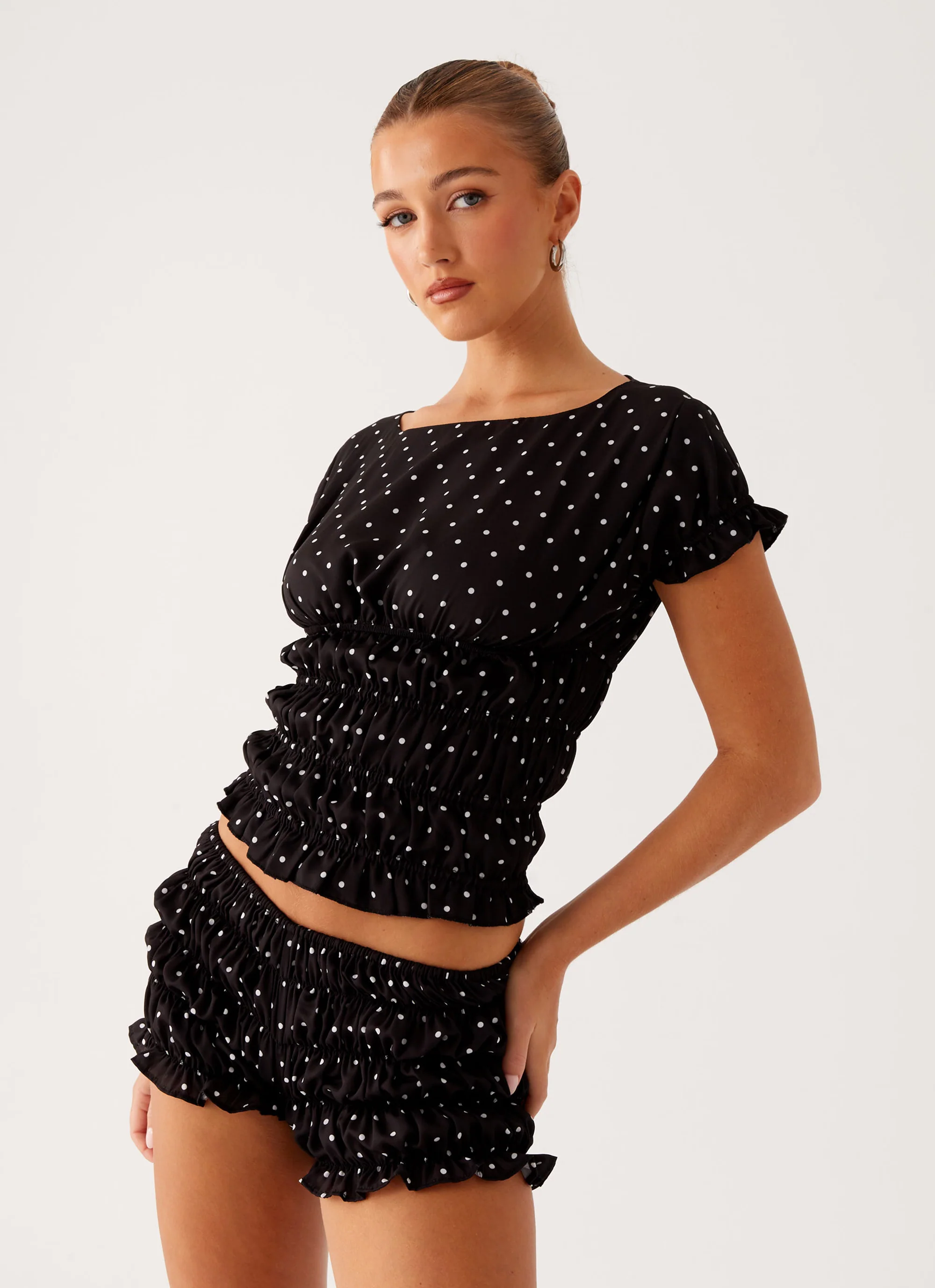 Girls Like Us Ruched Mini Shorts - Black Polka Dot - Image 3