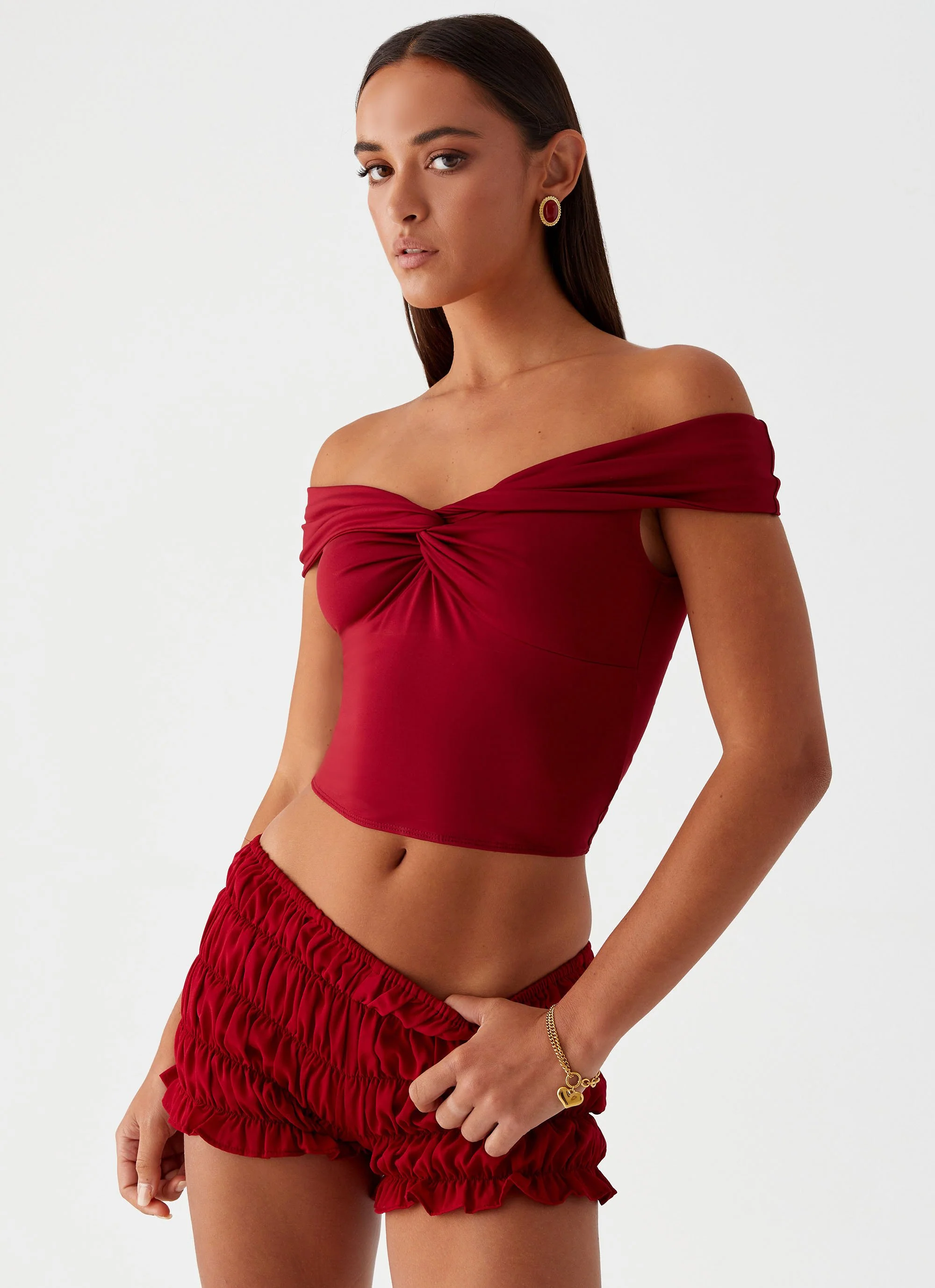 Girls Like Us Ruched Mini Shorts - Maroon - Image 7
