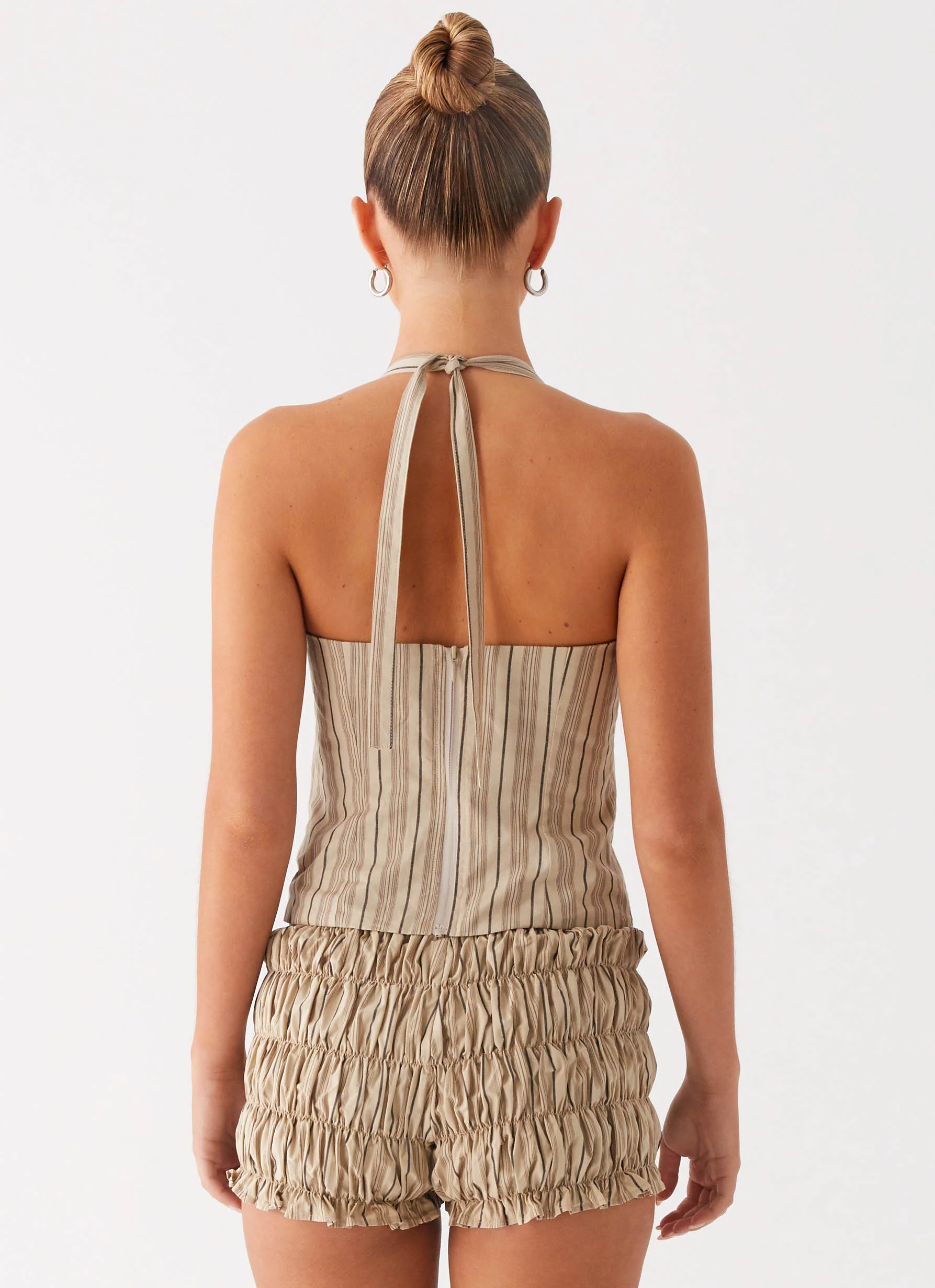 Girls Like Us Ruched Mini Shorts - Oatmeal Stripe - Image 2