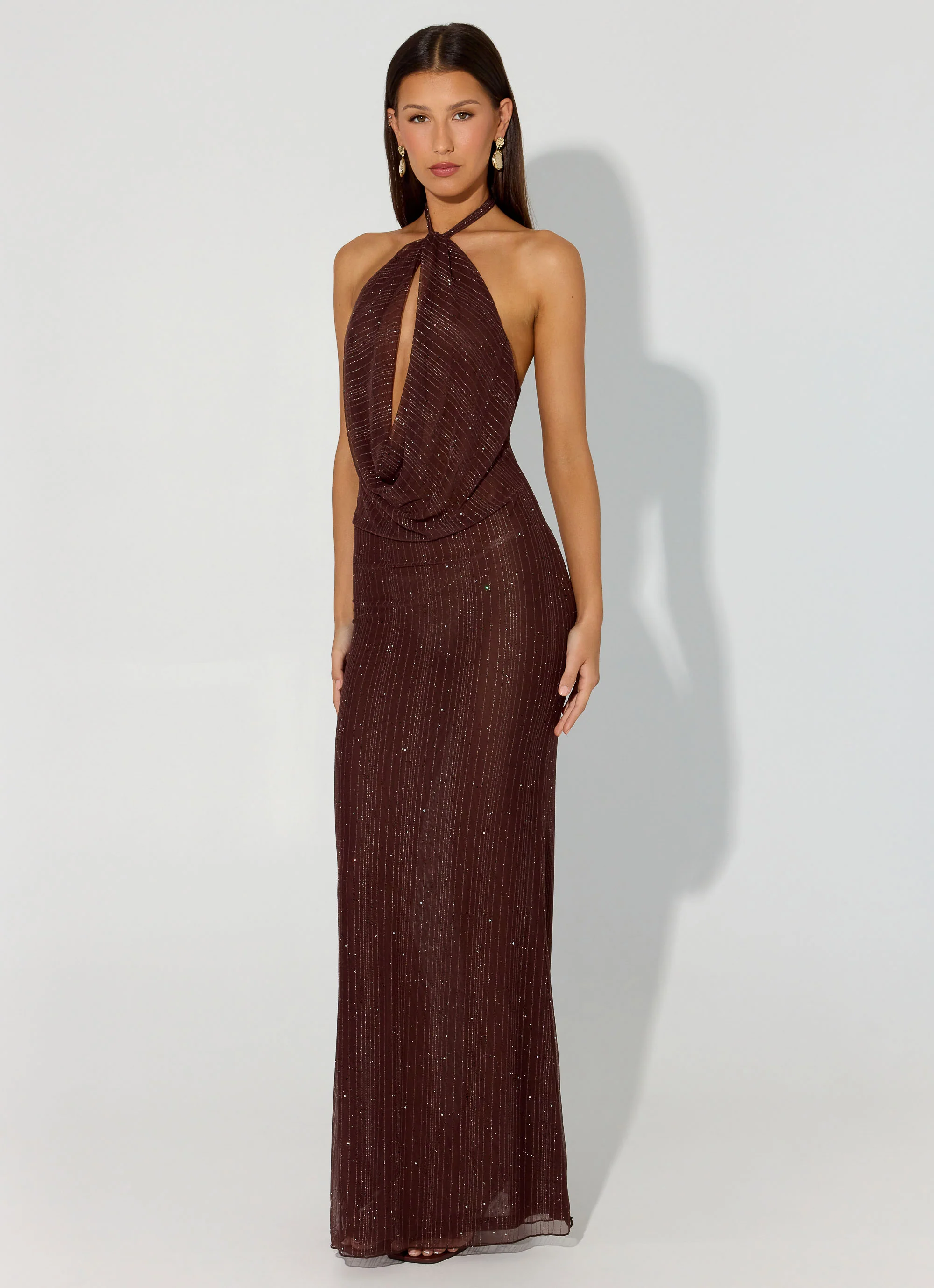 Haylan Sparkle Mesh Maxi Dress - Chocolate - Image 5