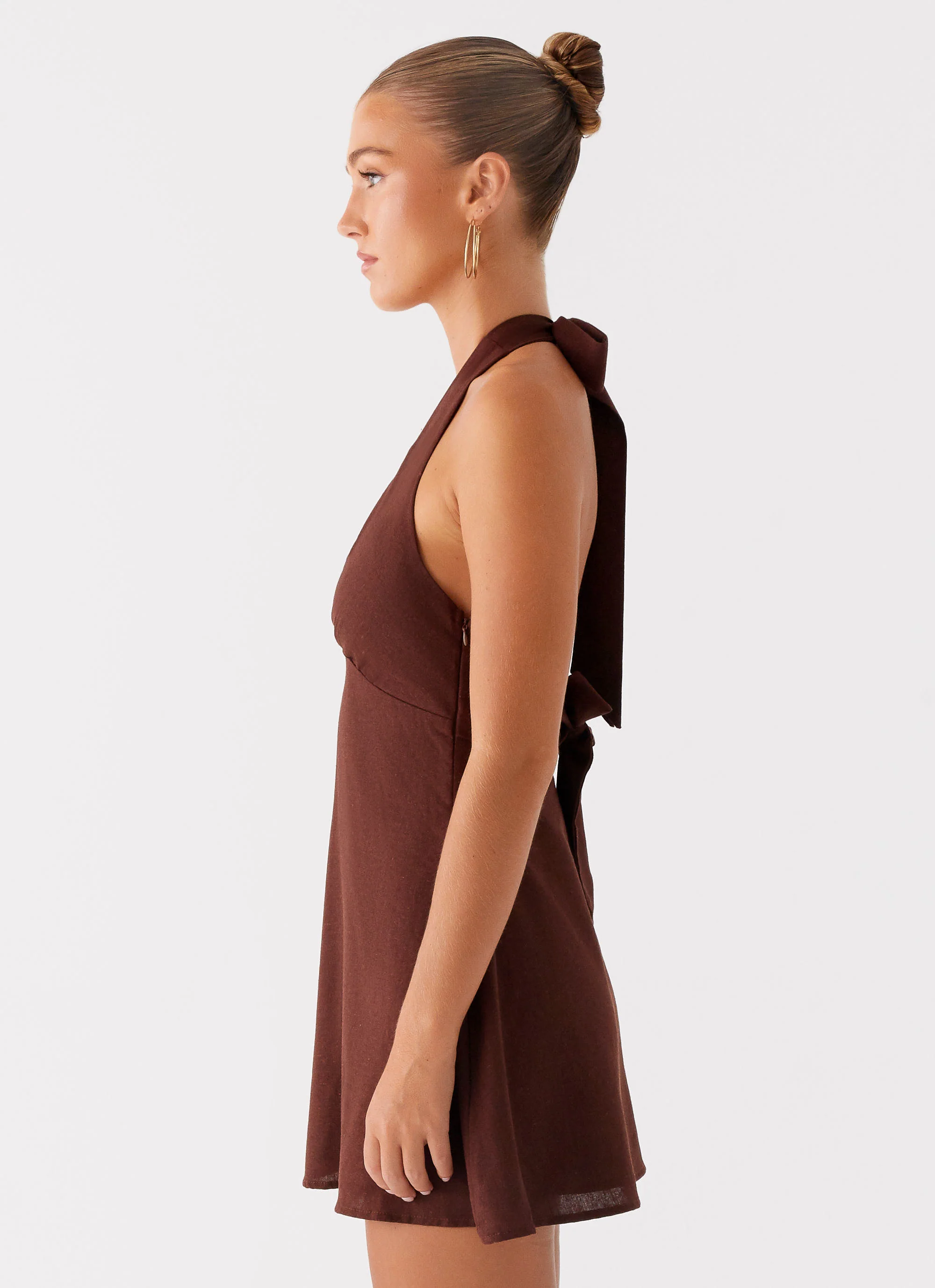 Heavy Hearted Linen Mini Dress - Brown - Image 3