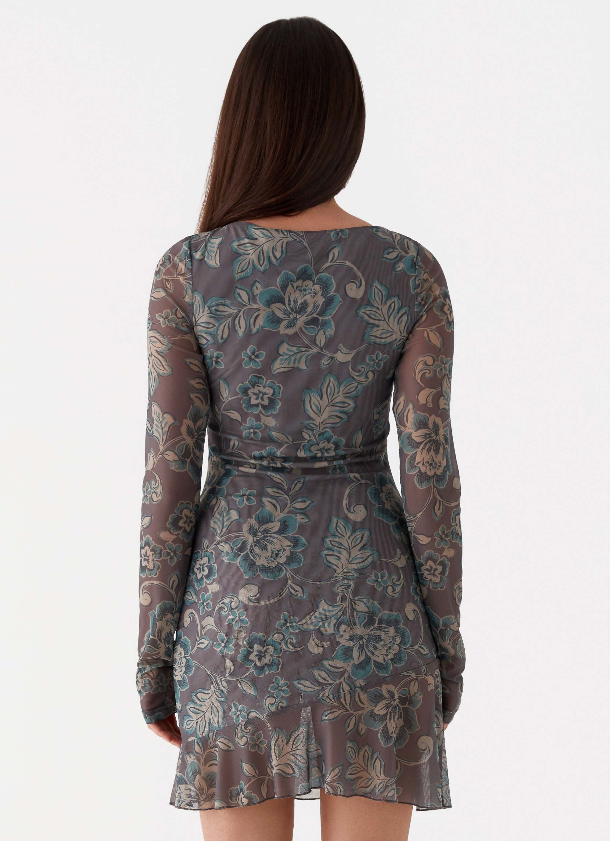 Ines Long Sleeve Mini Dress - Brown Floral - Image 4