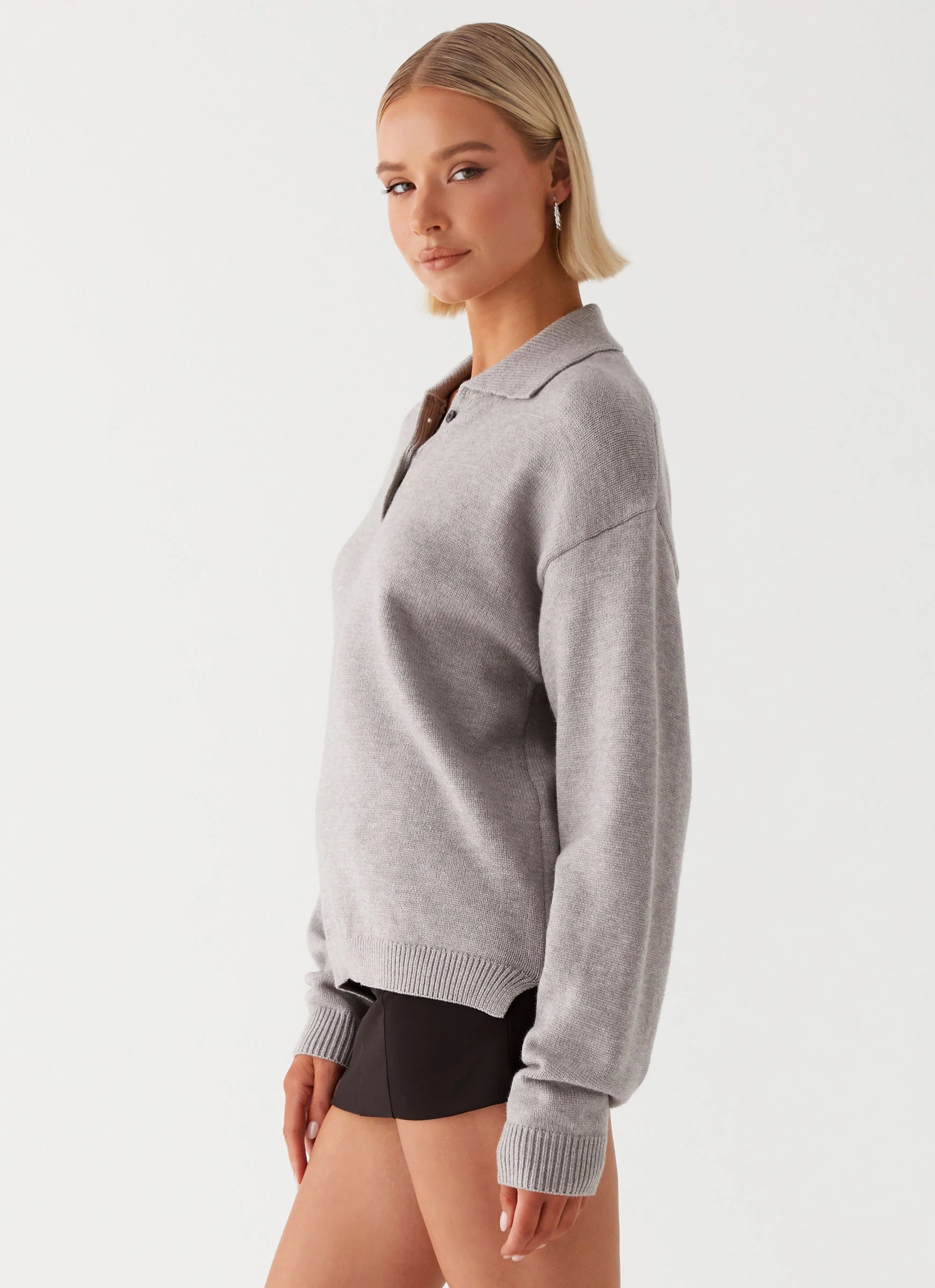 Jaden Knit Polo Top - Grey Marl - Image 3