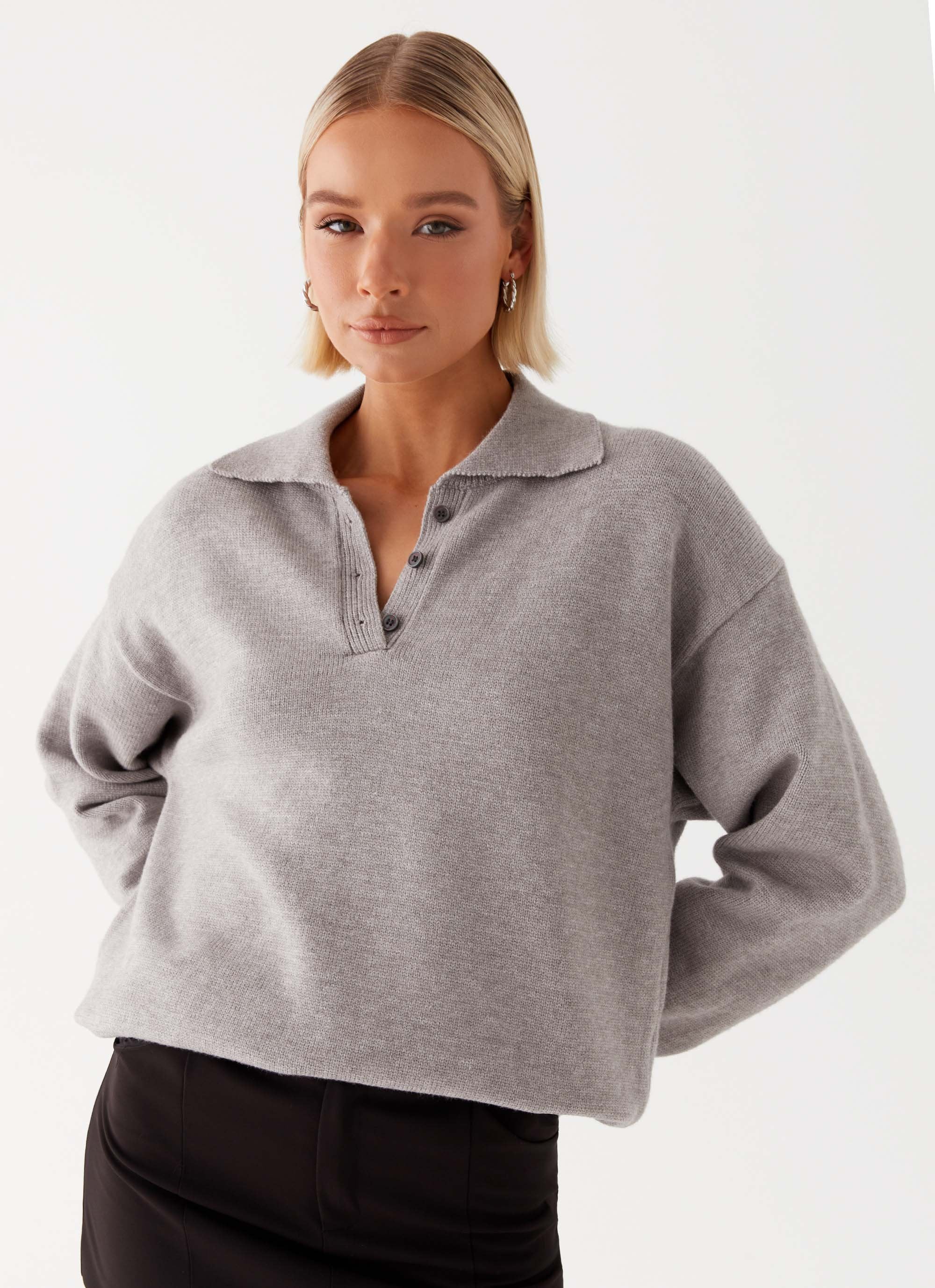 Jaden Knit Polo Top - Grey Marl - Image 6