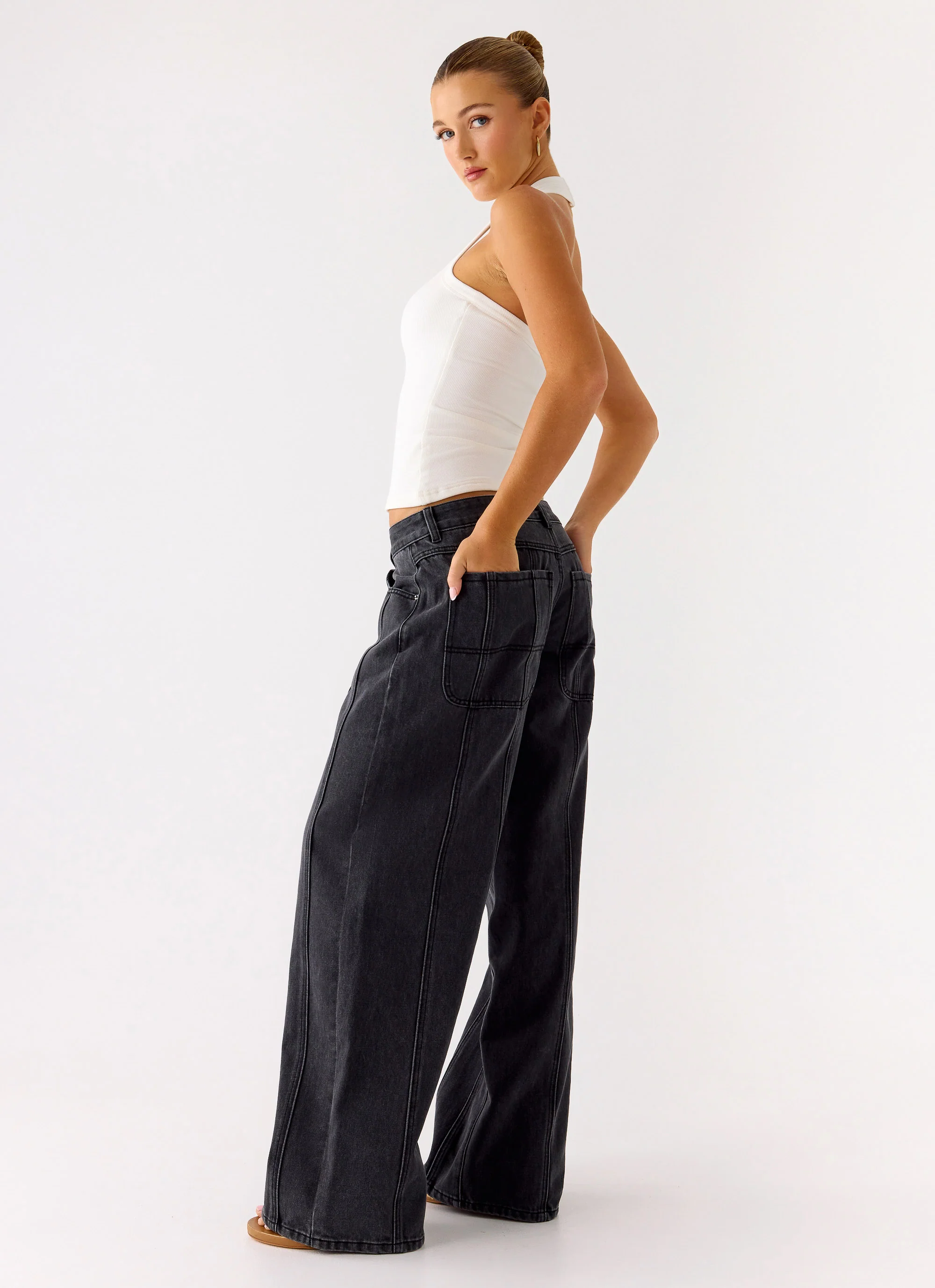 Johnny Low Rise Wide Leg Denim Jeans - Grey Charcoal - Image 6