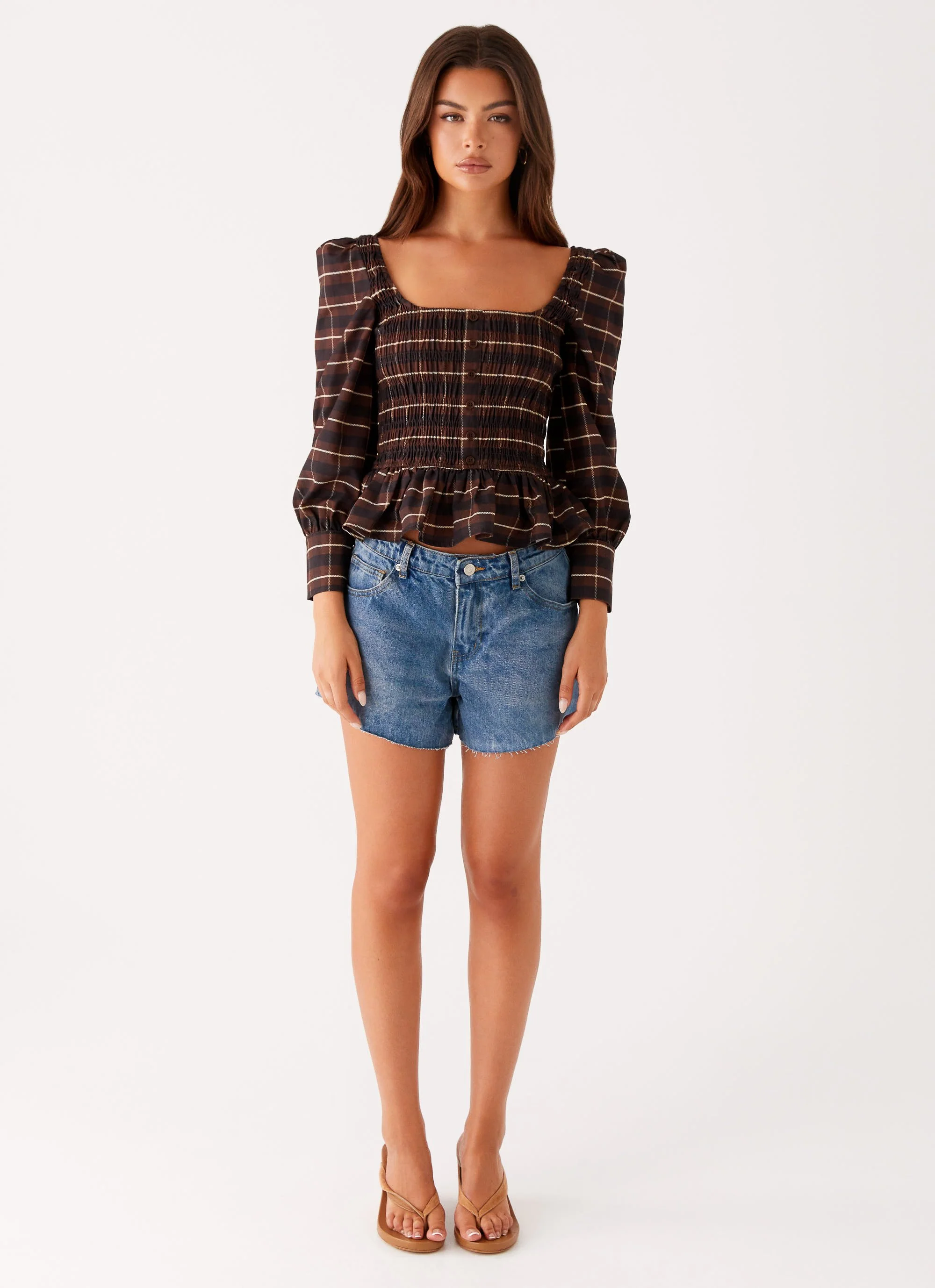 Joyce Long Sleeve Cotton Shirred Top - Chocolate Check - Image 2