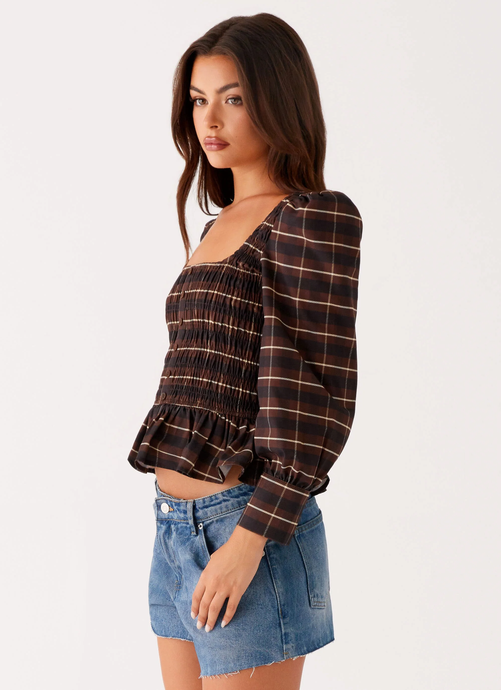 Joyce Long Sleeve Cotton Shirred Top - Chocolate Check - Image 3