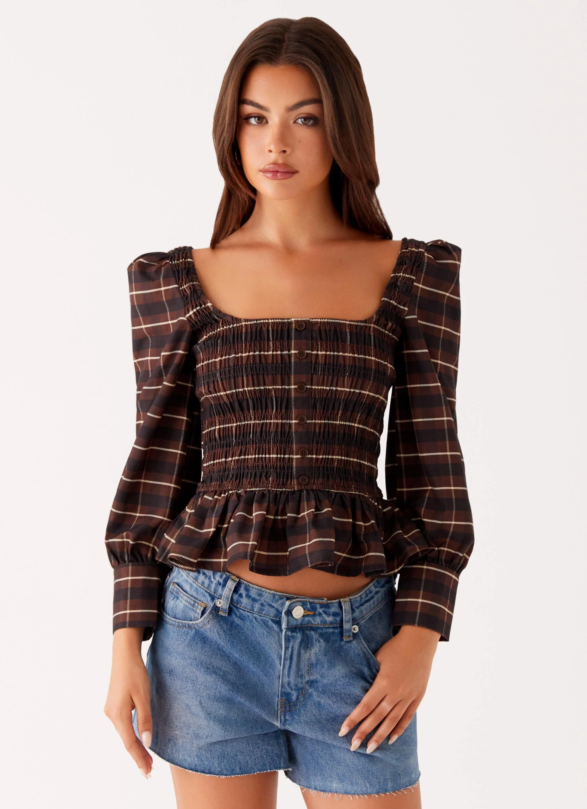 Joyce Long Sleeve Cotton Shirred Top - Chocolate Check - Image 5