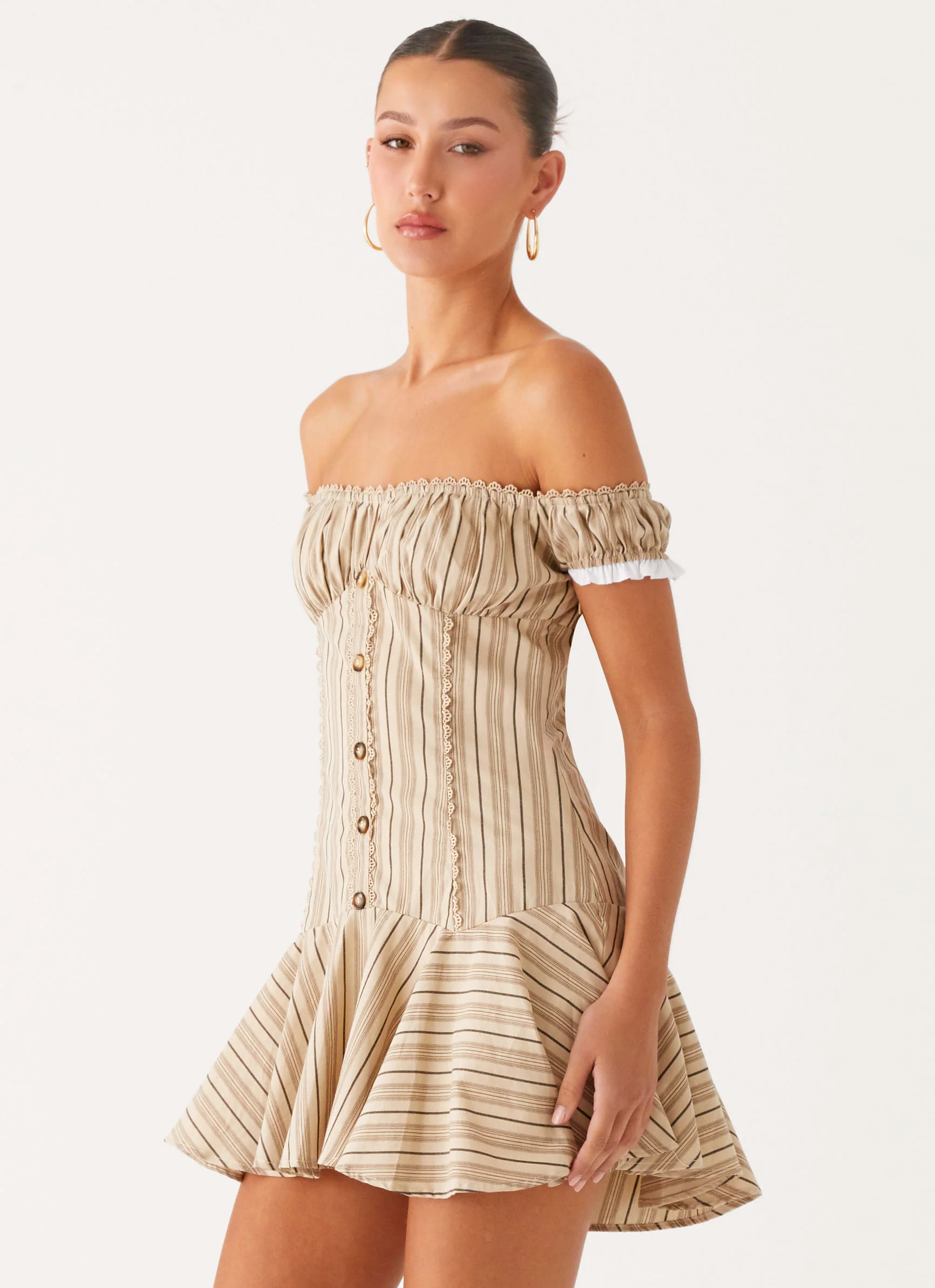 Jumana Off Shoulder Mini Dress - Off White Stripe - Image 3