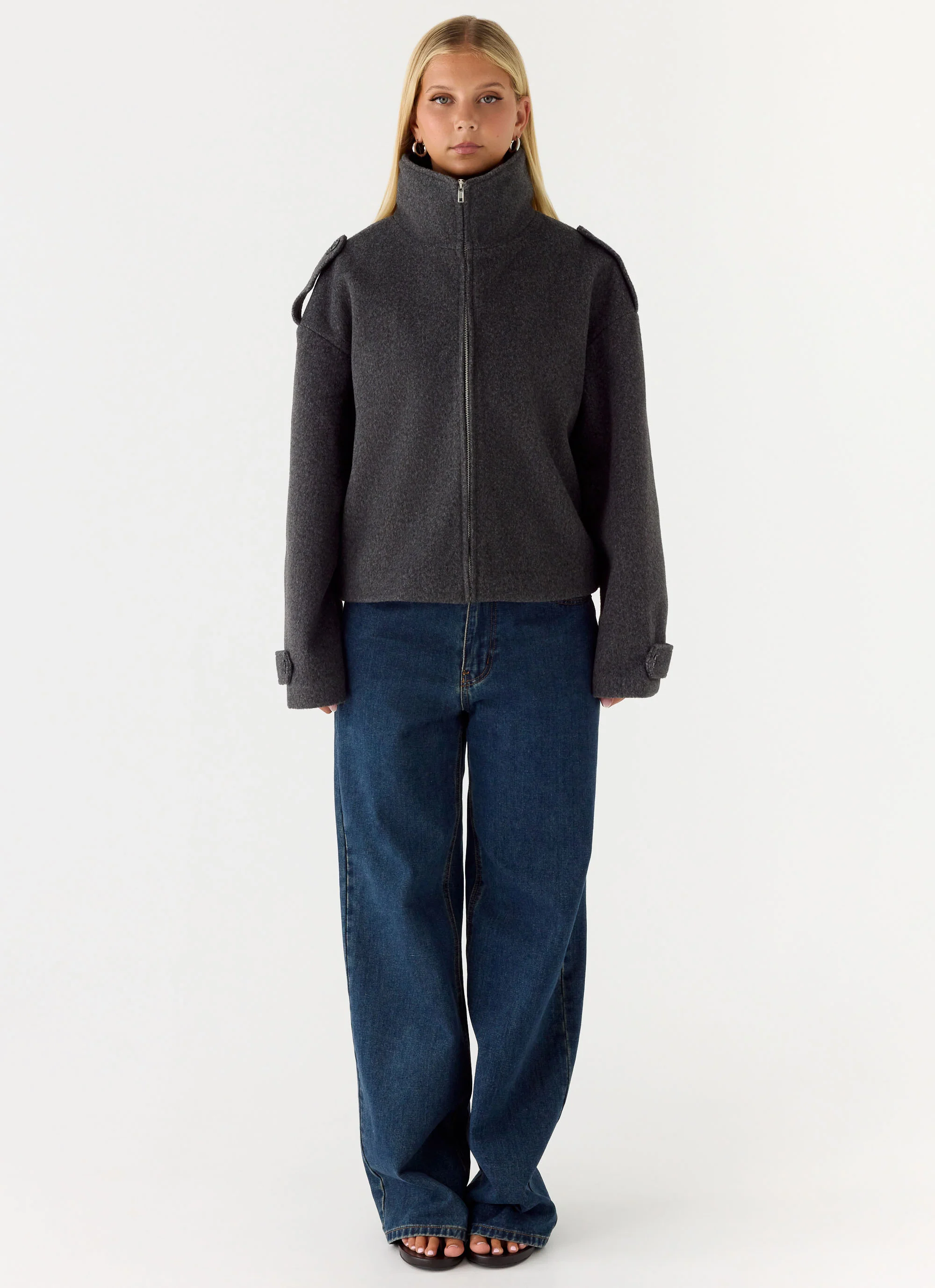 Kaiden Faux Wool Bomber Jacket - Charcoal - Image 2
