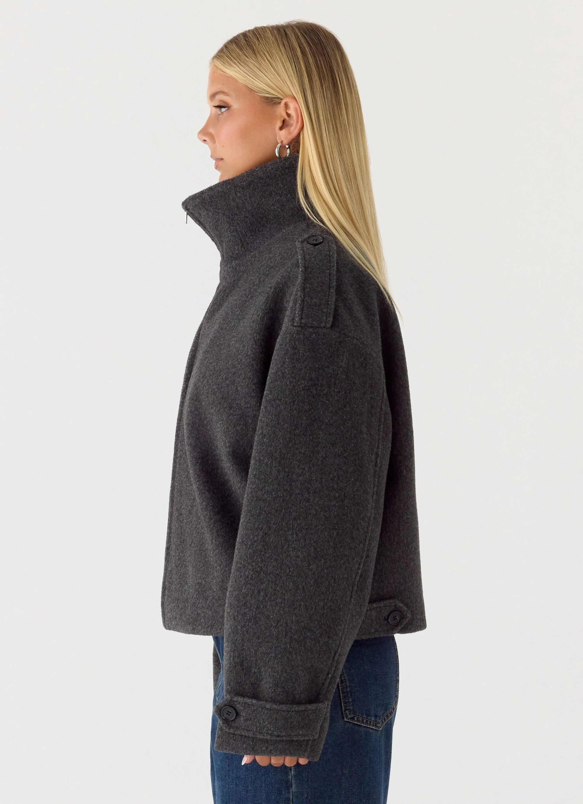 Kaiden Faux Wool Bomber Jacket - Charcoal - Image 3