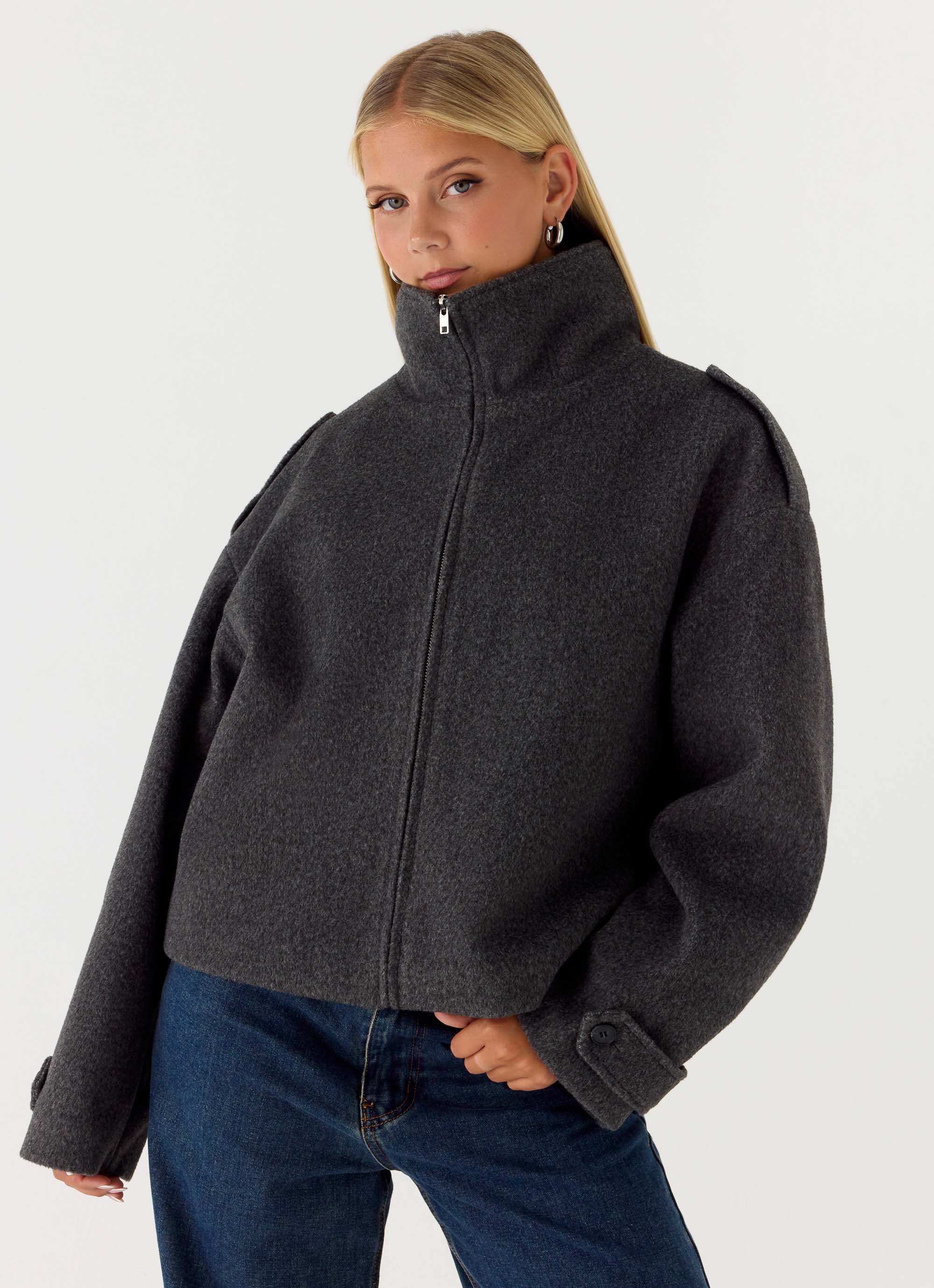 Kaiden Faux Wool Bomber Jacket - Charcoal - Image 5
