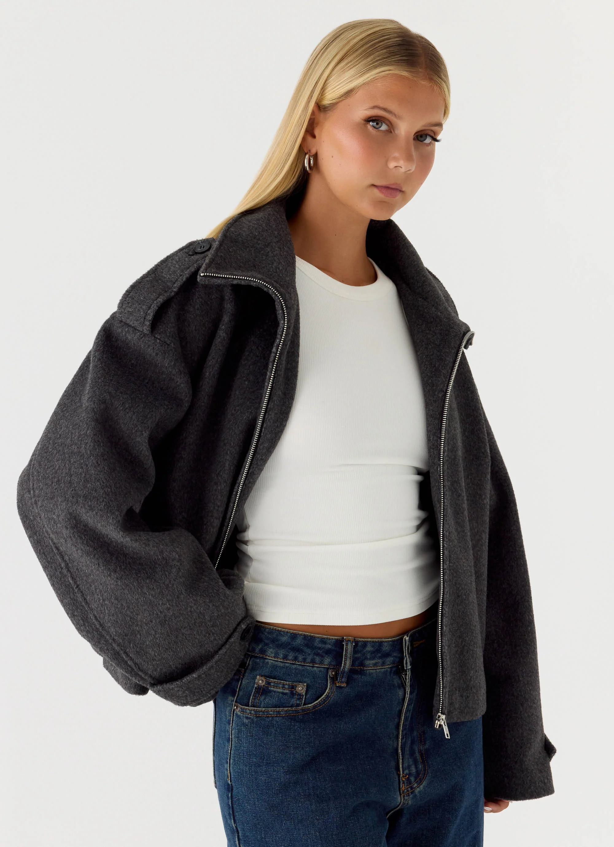 Kaiden Faux Wool Bomber Jacket - Charcoal - Image 6