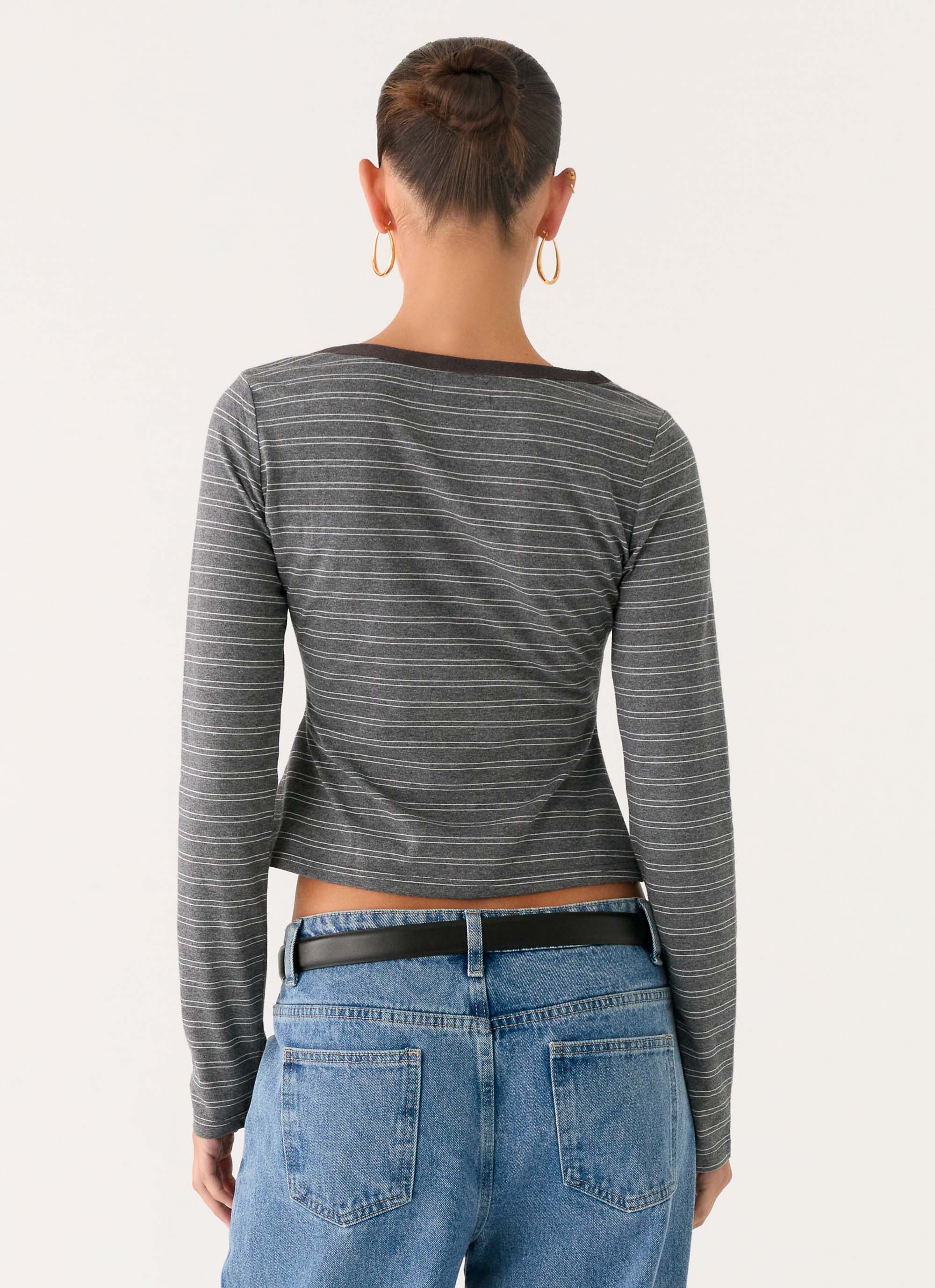 Kaytra Long Sleeve Top - Grey Marle Stripe - Image 4