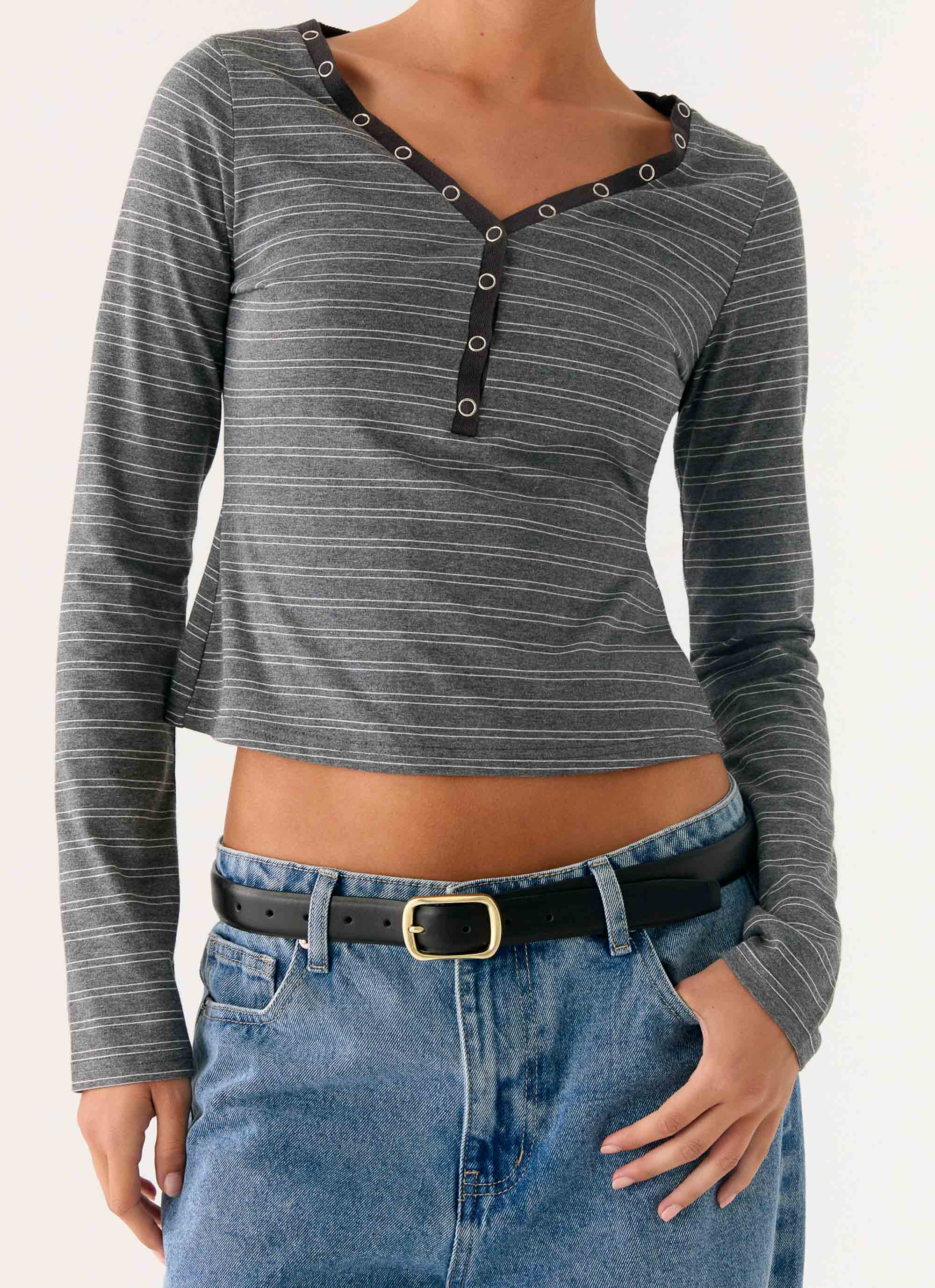 Kaytra Long Sleeve Top - Grey Marle Stripe - Image 5