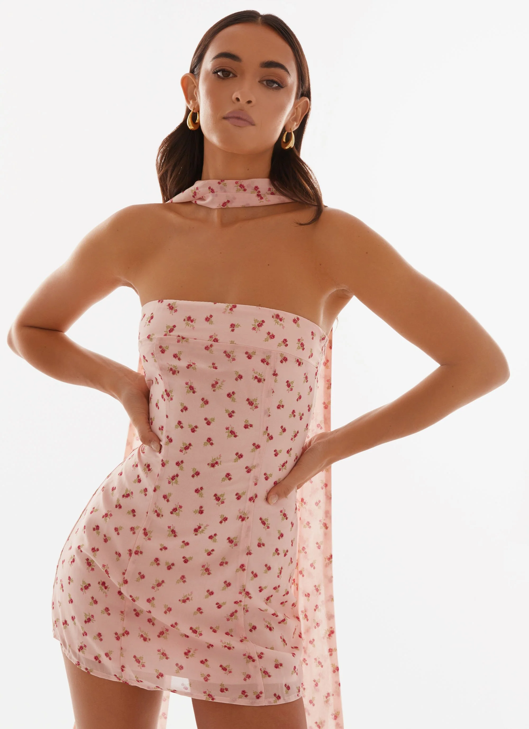 Kiesha Strapless Scarf Mini Dress - Pink Flower - Image 6