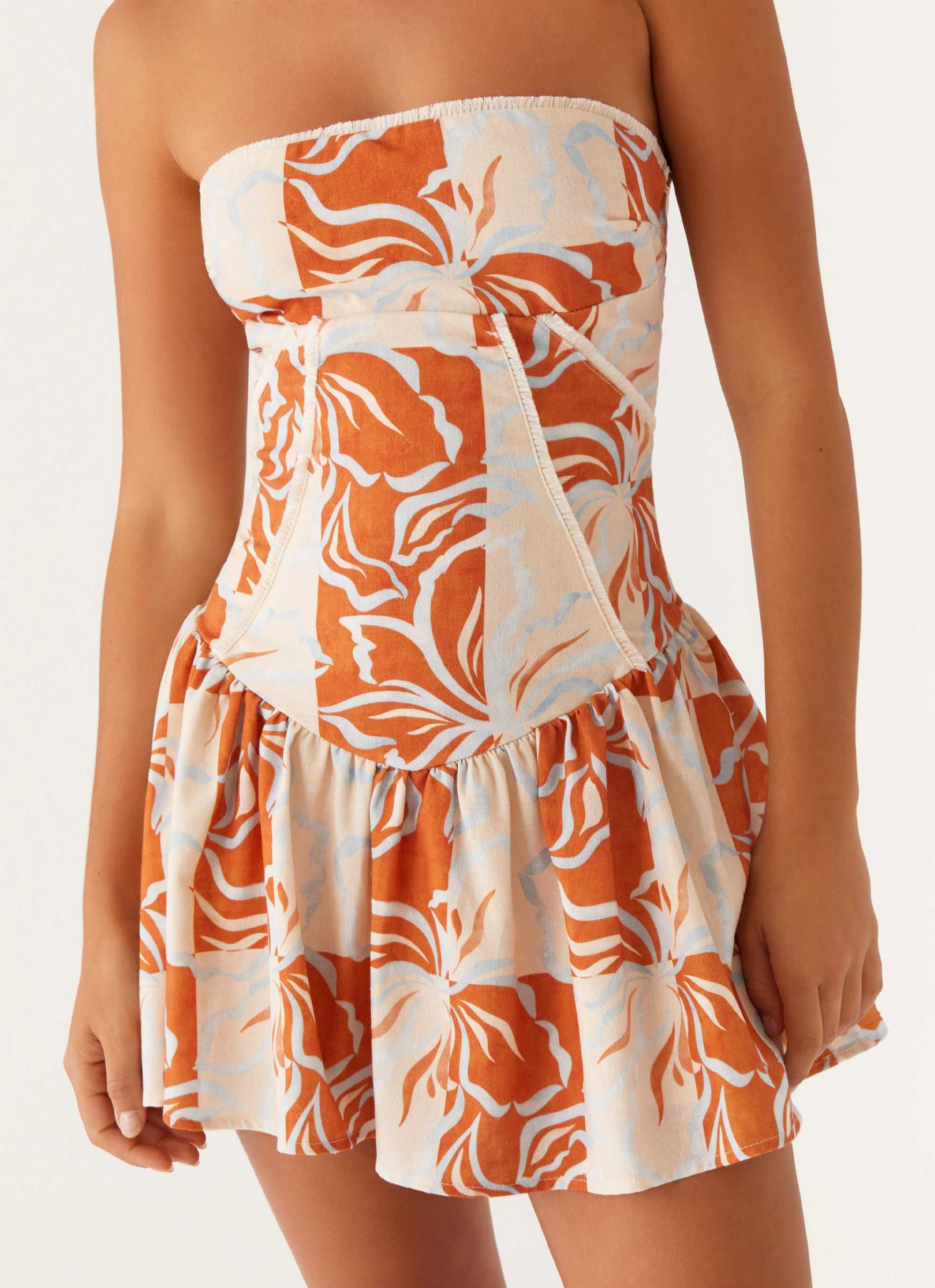 Larnie Linen Mini Dress - Orange Blue Floral - Image 6