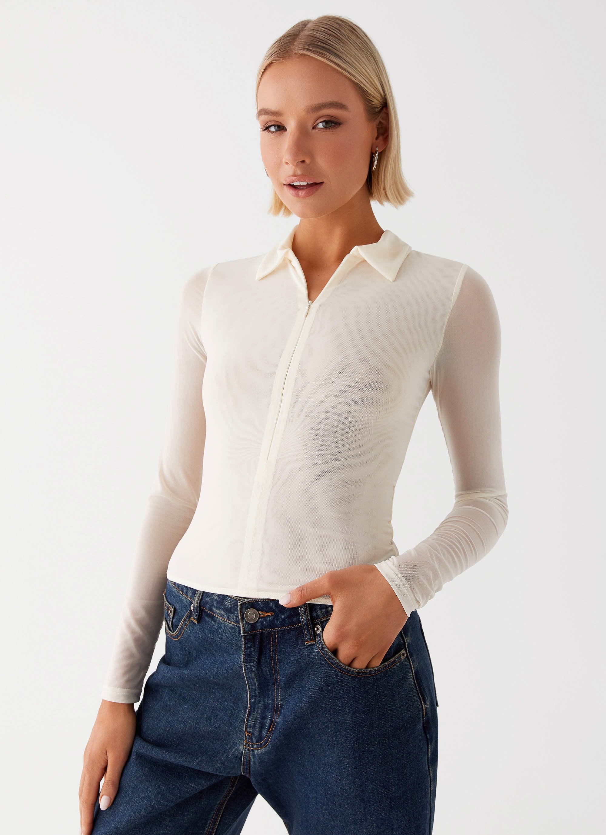 Lorna Zip Up Shirt - Ivory - Image 5