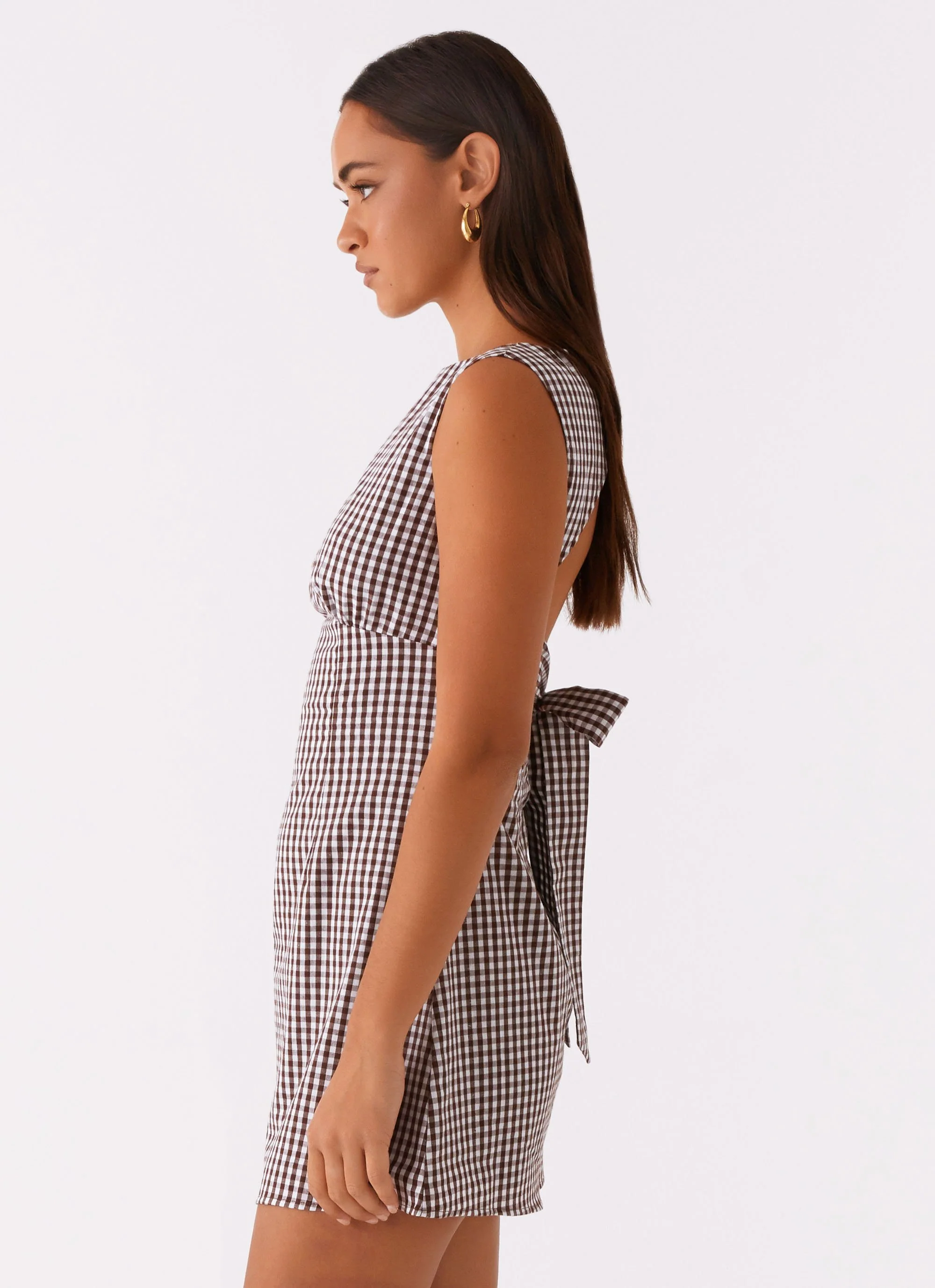 Lotus Tie Back Mini Dress - Chocolate Gingham - Image 3